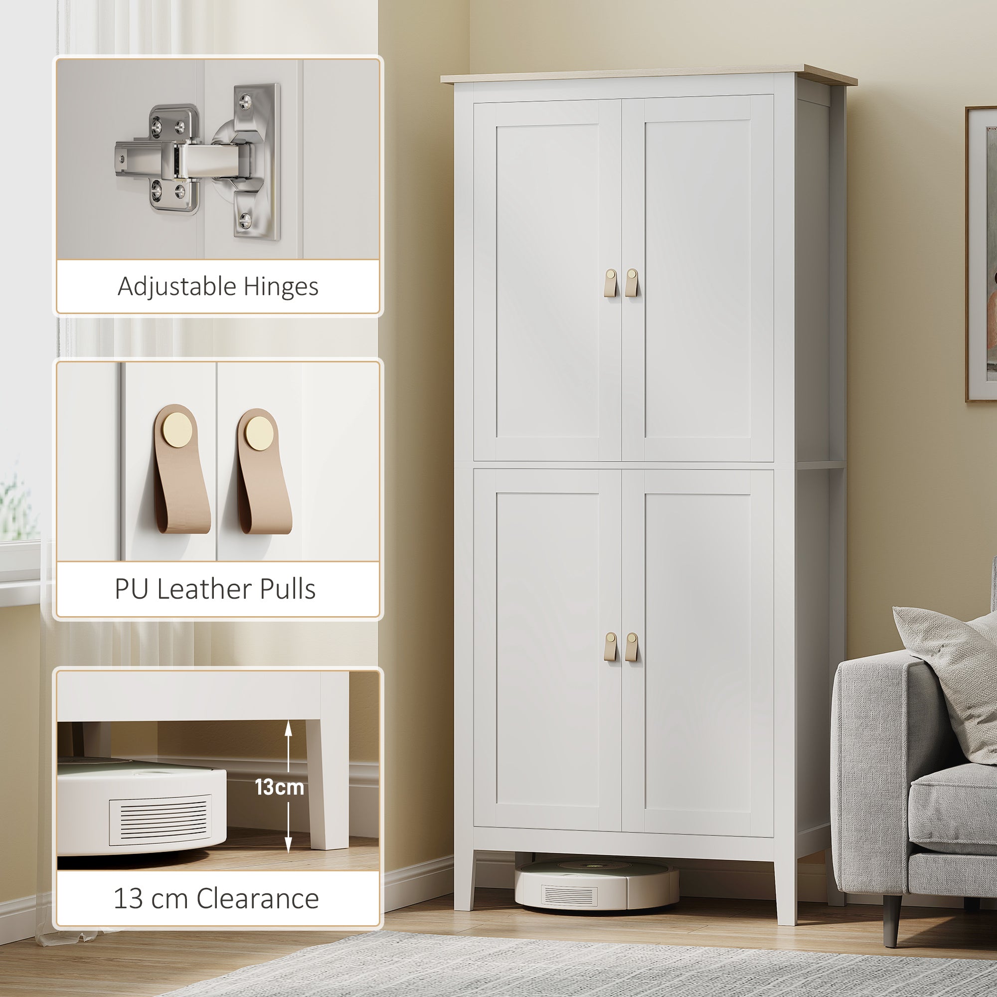 Tall Kitchen Cupboard with Motion Sensor LED Light, 3-Colour Dimmable Lighting, 177 cm Freestanding Storage Cabinet with Doors and Adjustable Shelves, White