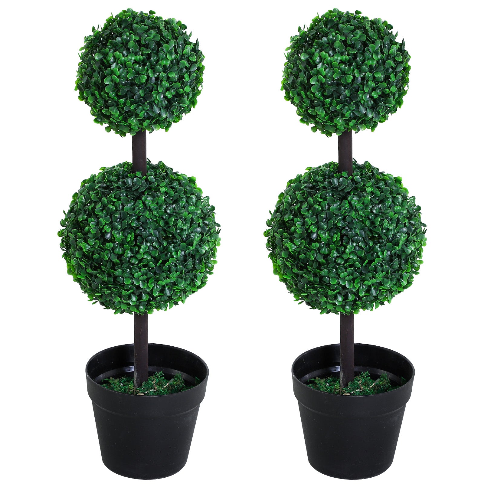 Boxwood Topiary Tree Set of 2, 2-Ball Artificial Plant, UV Resistant for Home Office, Living Room Decor, Dark Green
