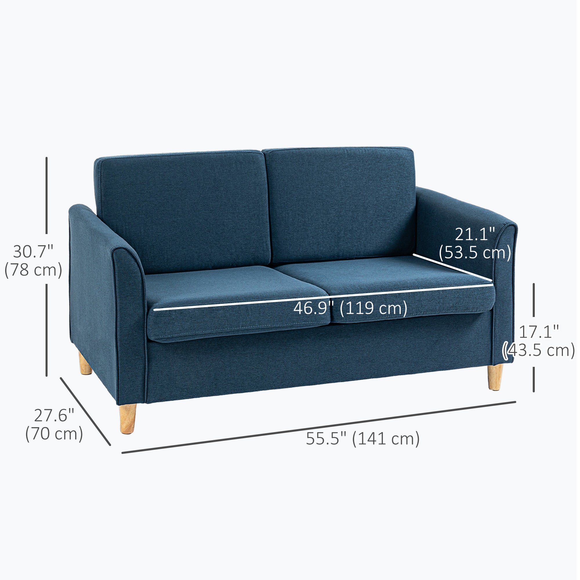 HOMCOM 56" Loveseat Sofa, Upholstered 2-Seater Couch with Armrests and Wooden Legs for Living Room, Bedroom, Blue