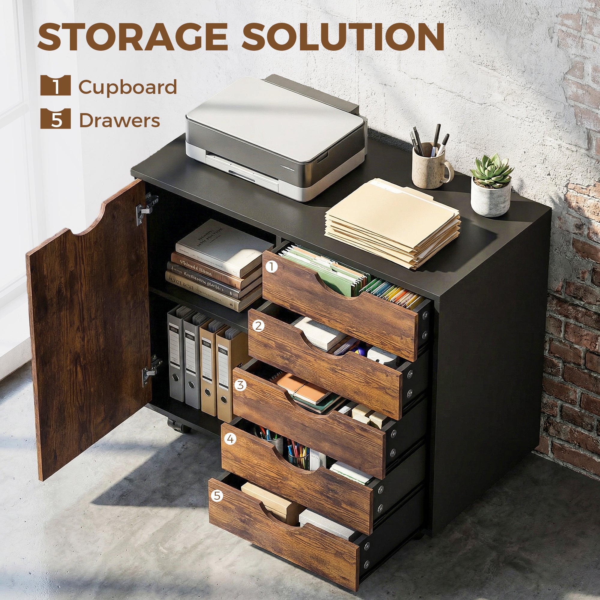 Lateral Office Storage Cabinet on Wheels, 5-Drawers Cabinet with Door and Adjustable Shelf for Home Office, Rustic Brown