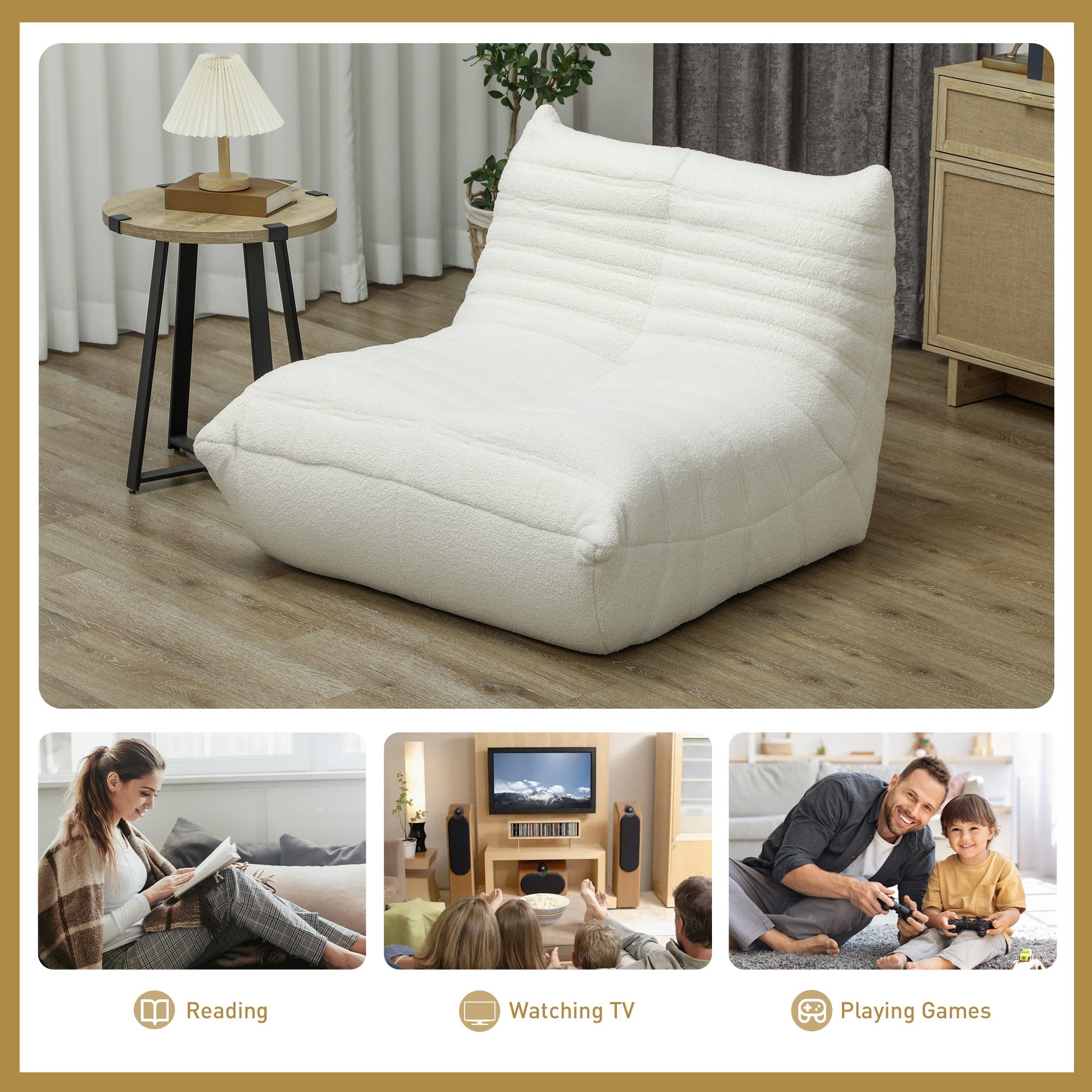 HOMCOM Bean Bag Chair for Adults, Giant Fireside Chair Lazy Sofa, Bean Bag Sofa with High Density Comfortable Foam for Living Room, Bedroom, Cream White