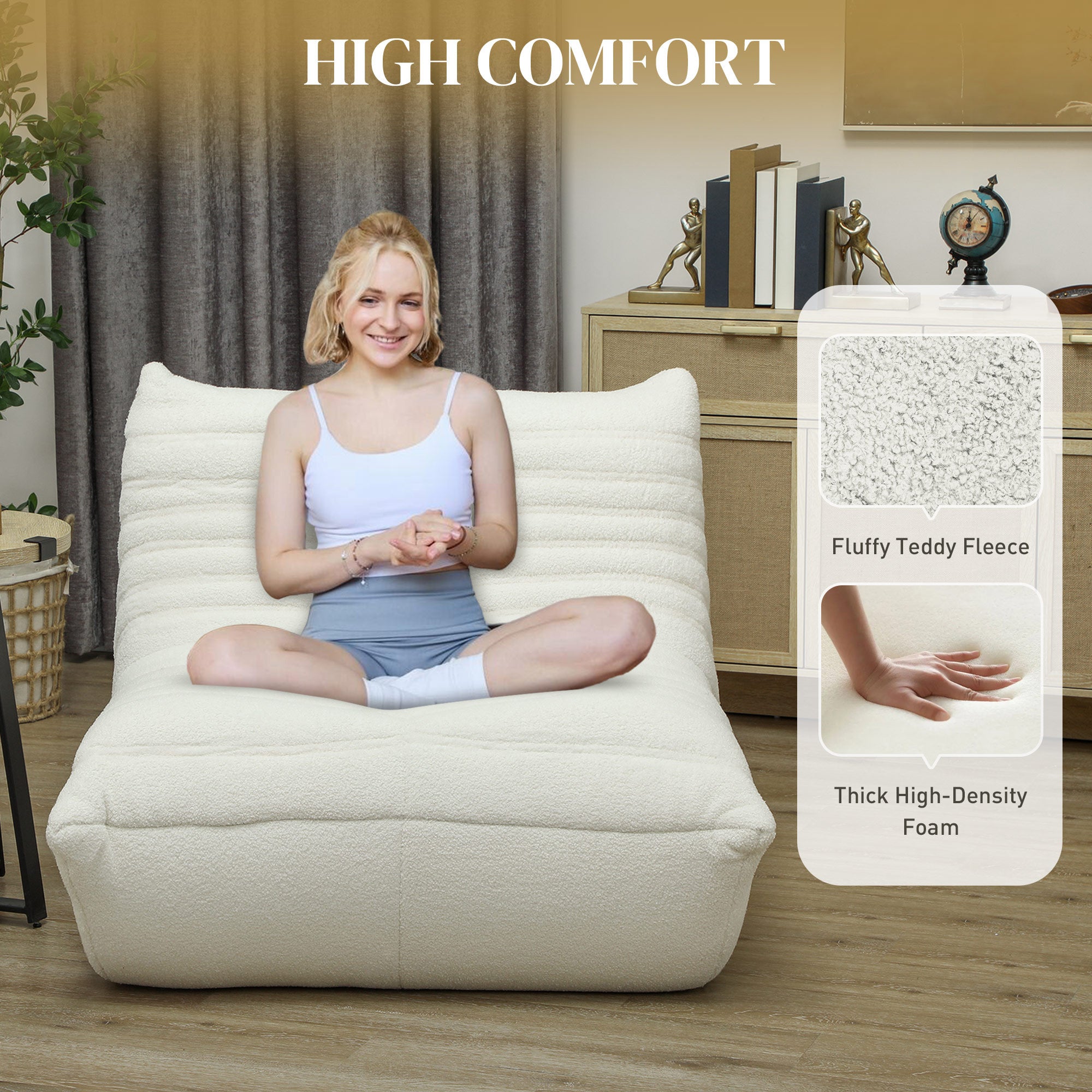 HOMCOM Bean Bag Chair for Adults, Giant Fireside Chair Lazy Sofa, Bean Bag Sofa with High Density Comfortable Foam for Living Room, Bedroom, Cream White