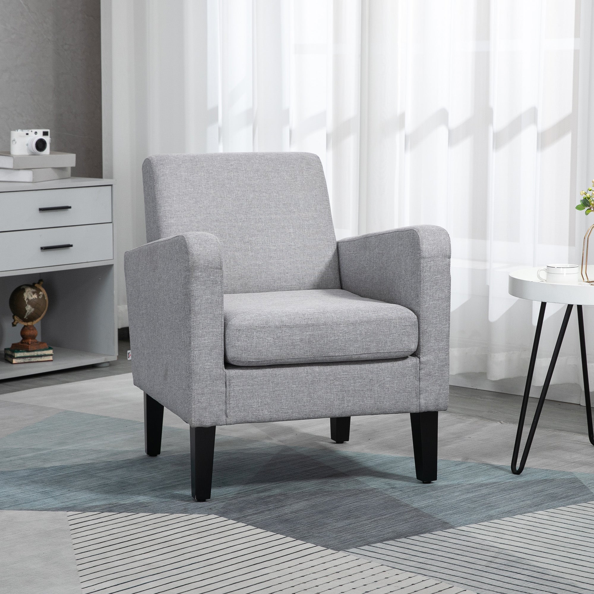 HOMCOM Modern Armchair with Rubber Wood Legs, Upholstered Accent Chair, Single Sofa for Living Room, Bedroom, Light Grey