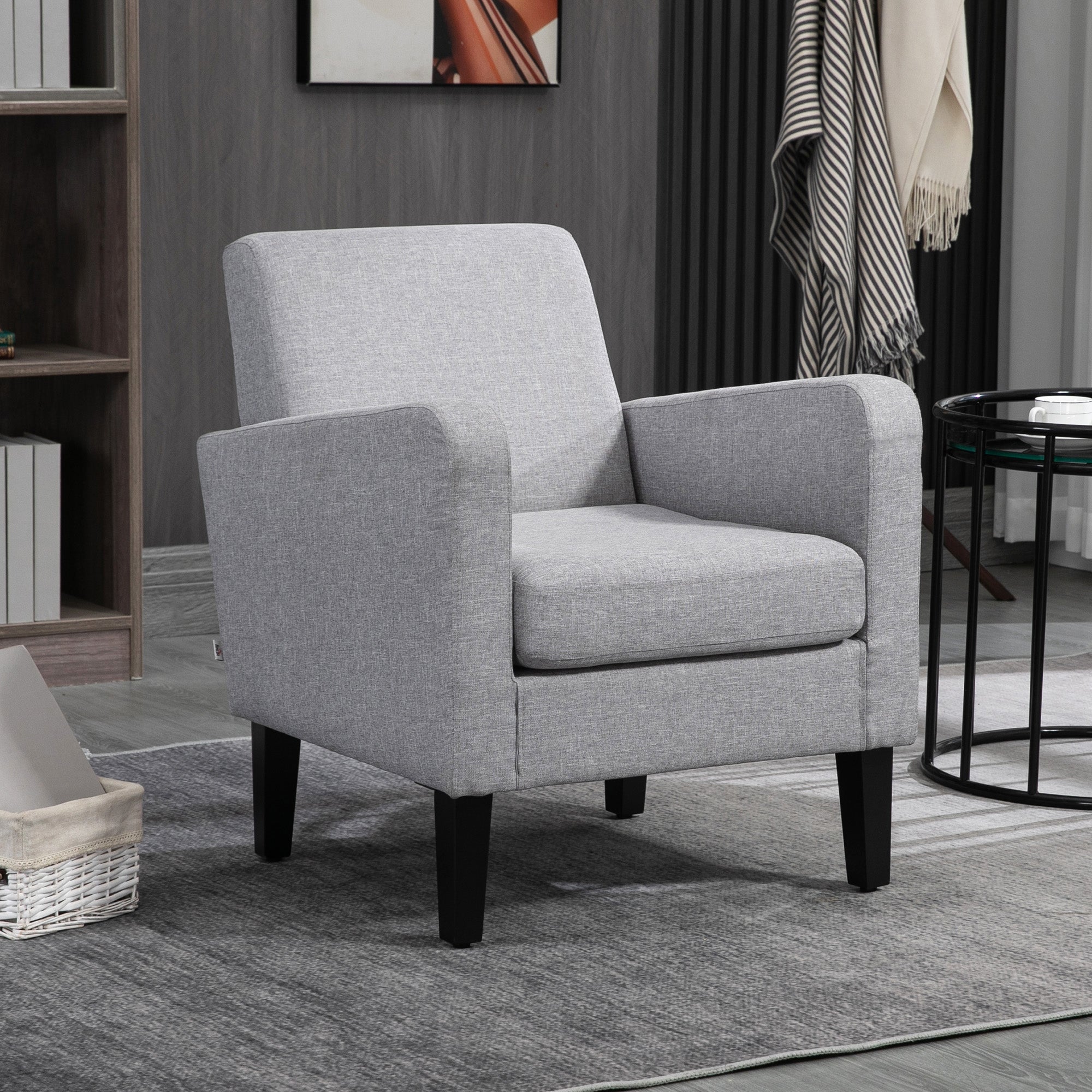 HOMCOM Modern Armchair with Rubber Wood Legs, Upholstered Accent Chair, Single Sofa for Living Room, Bedroom, Light Grey