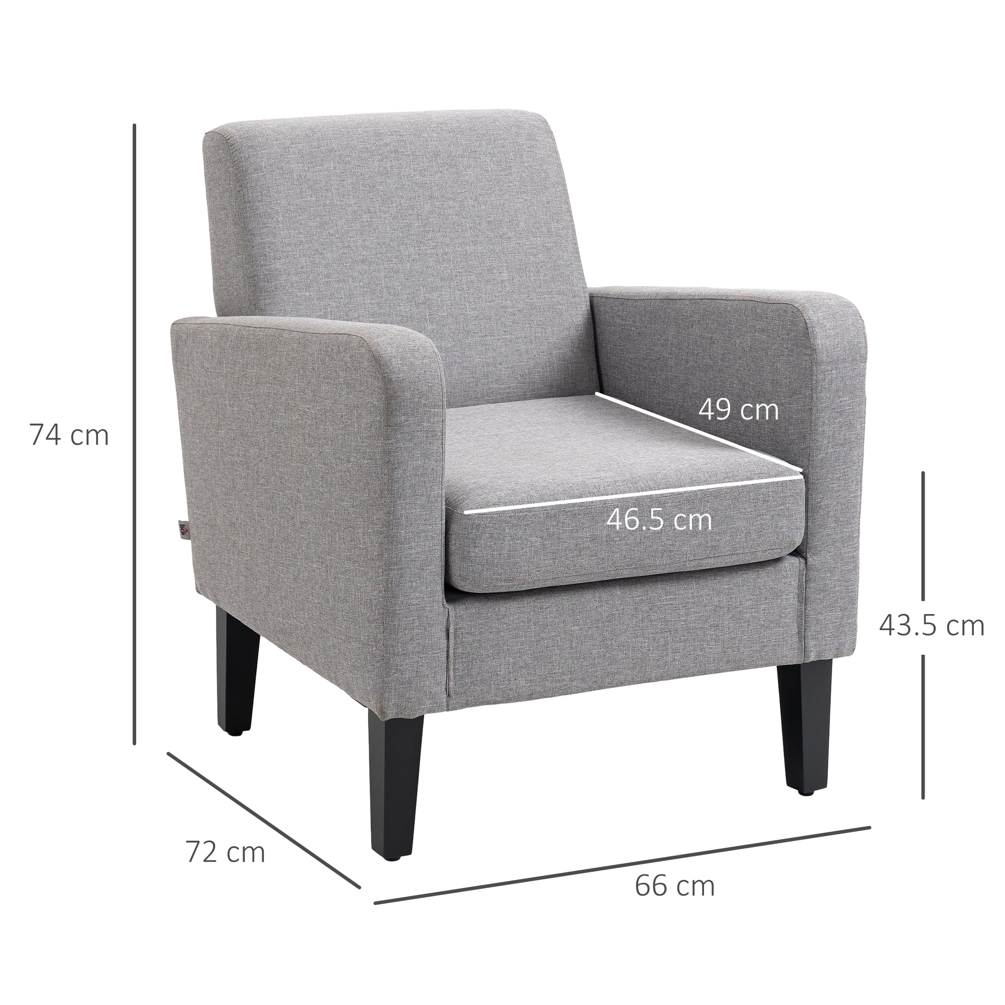 HOMCOM Modern Armchair with Rubber Wood Legs, Upholstered Accent Chair, Single Sofa for Living Room, Bedroom, Light Grey