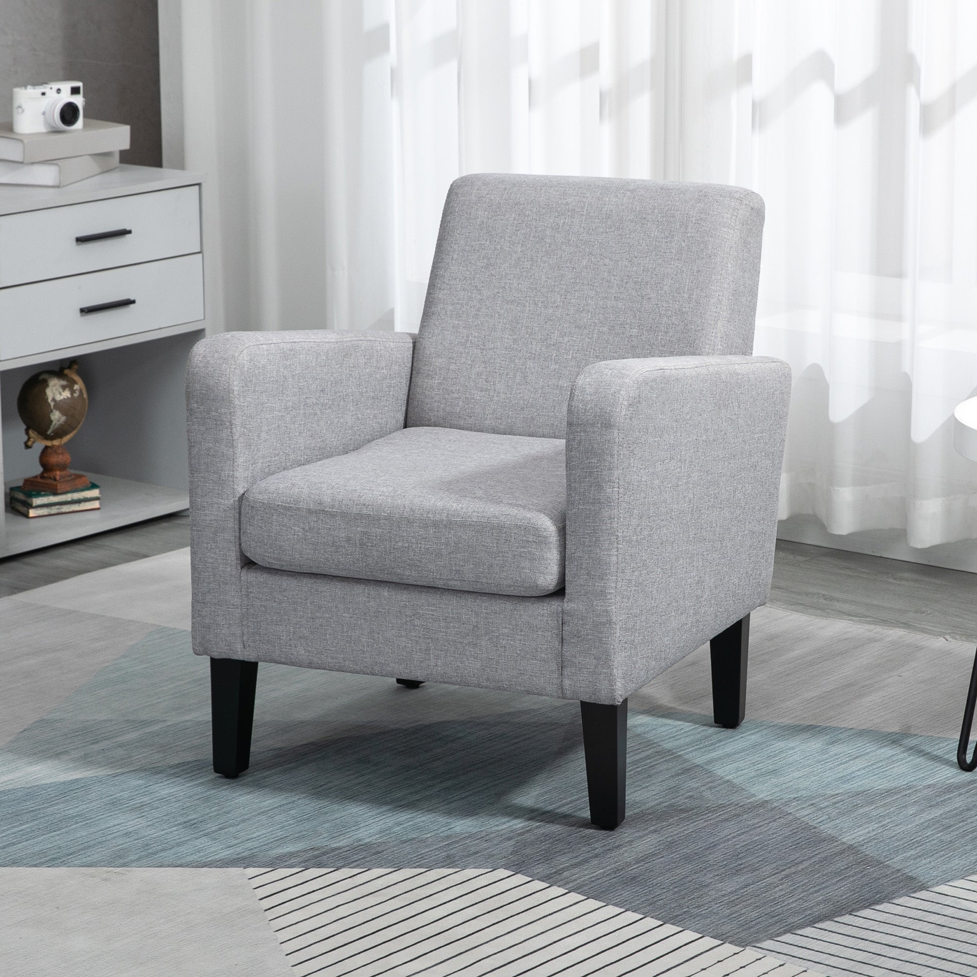 HOMCOM Modern Armchair with Rubber Wood Legs, Upholstered Accent Chair, Single Sofa for Living Room, Bedroom, Light Grey