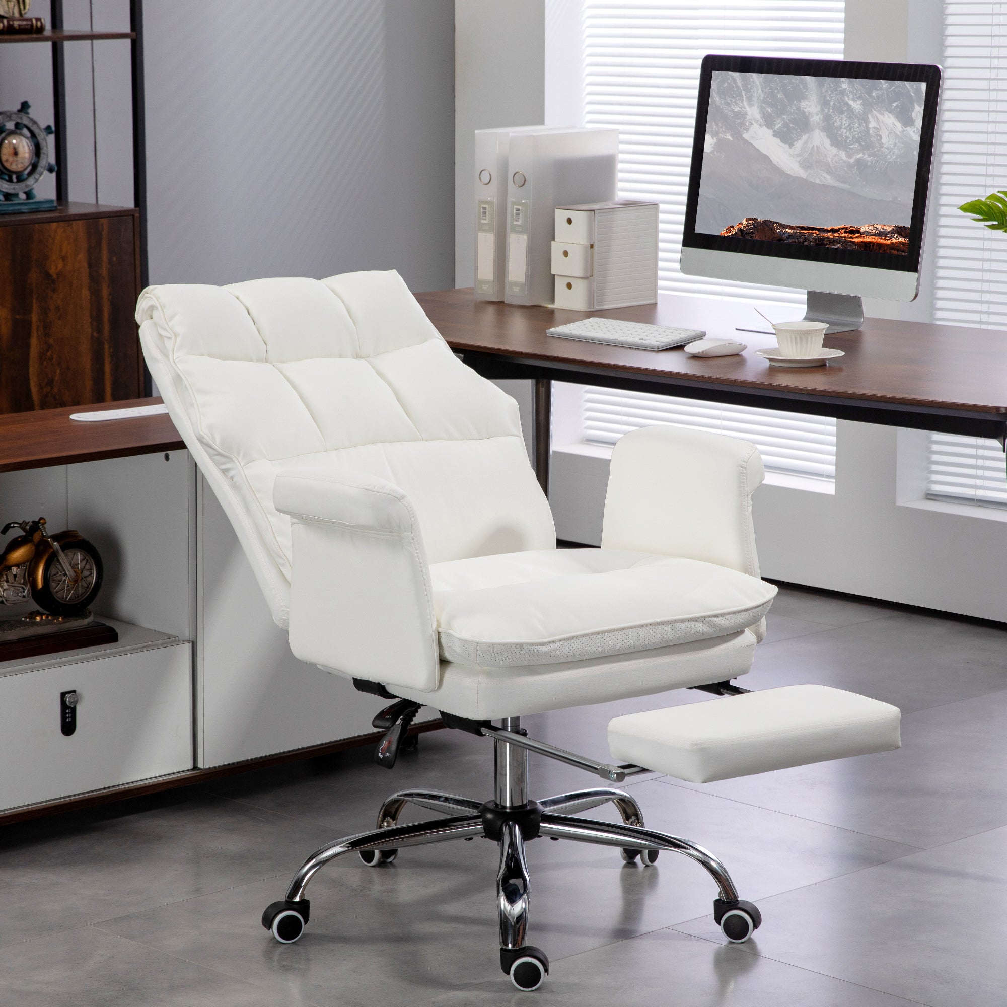 PU Leather Executive Office Chair Ergonomic Reclining Desk Chair with Footrest White