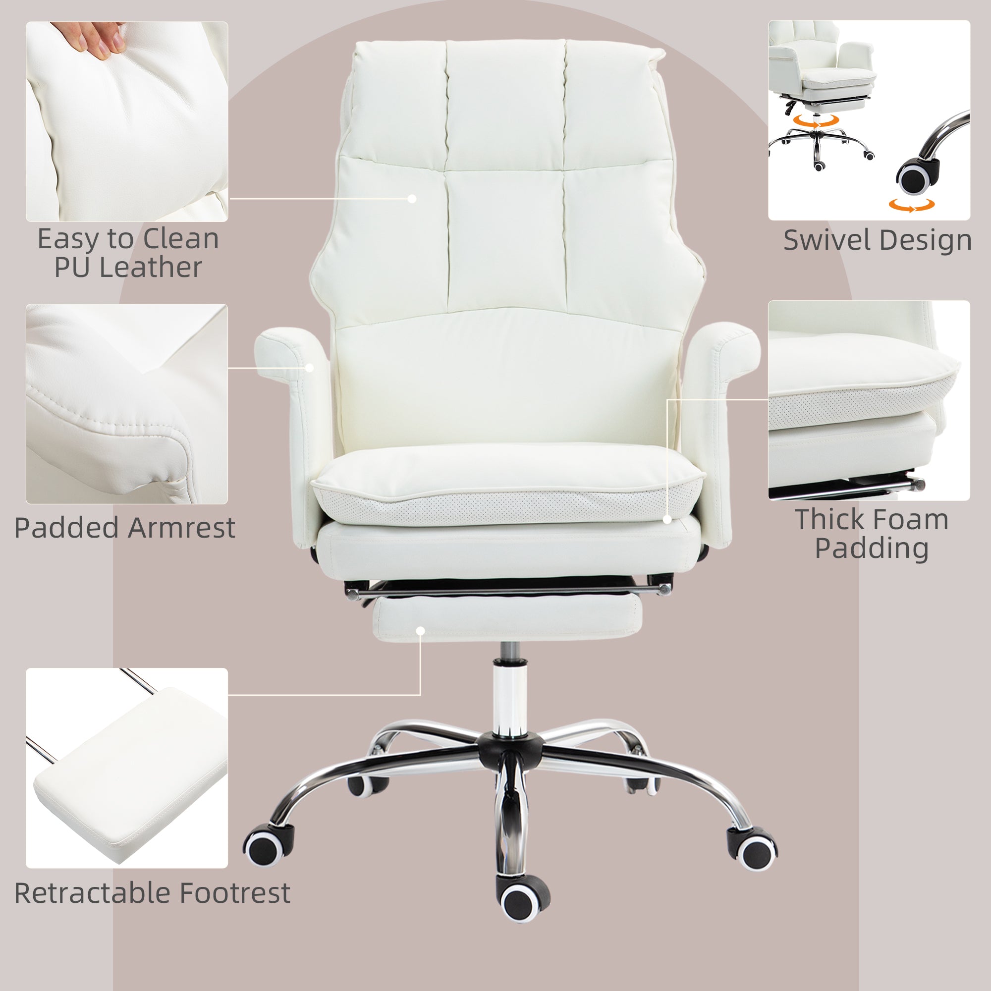 PU Leather Executive Office Chair Ergonomic Reclining Desk Chair with Footrest White
