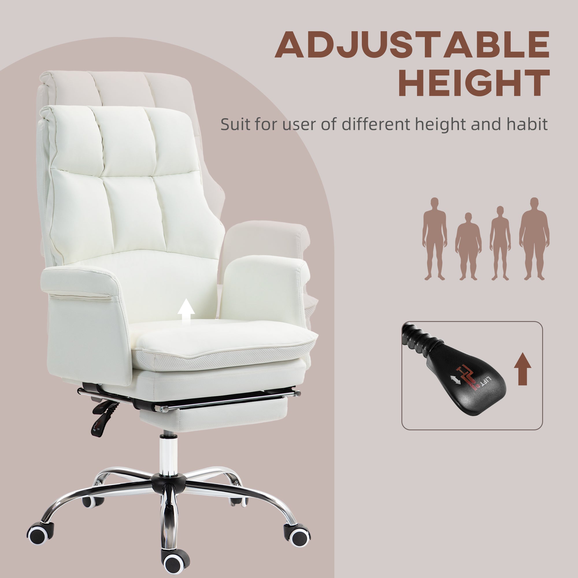 PU Leather Executive Office Chair Ergonomic Reclining Desk Chair with Footrest White