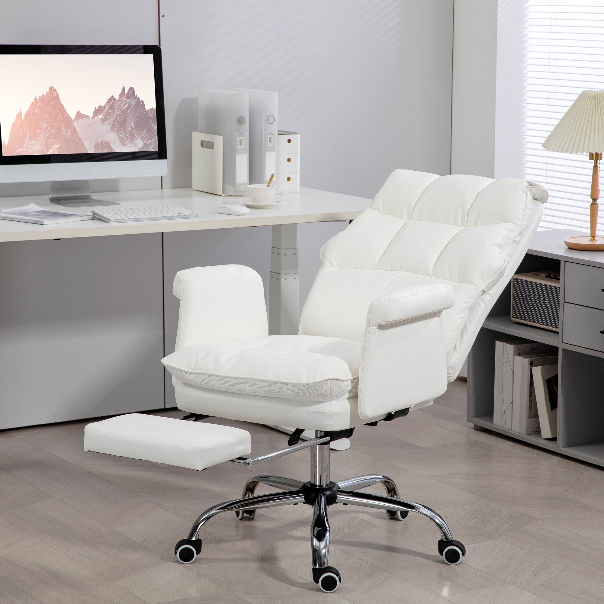 PU Leather Executive Office Chair Ergonomic Reclining Desk Chair with Footrest White