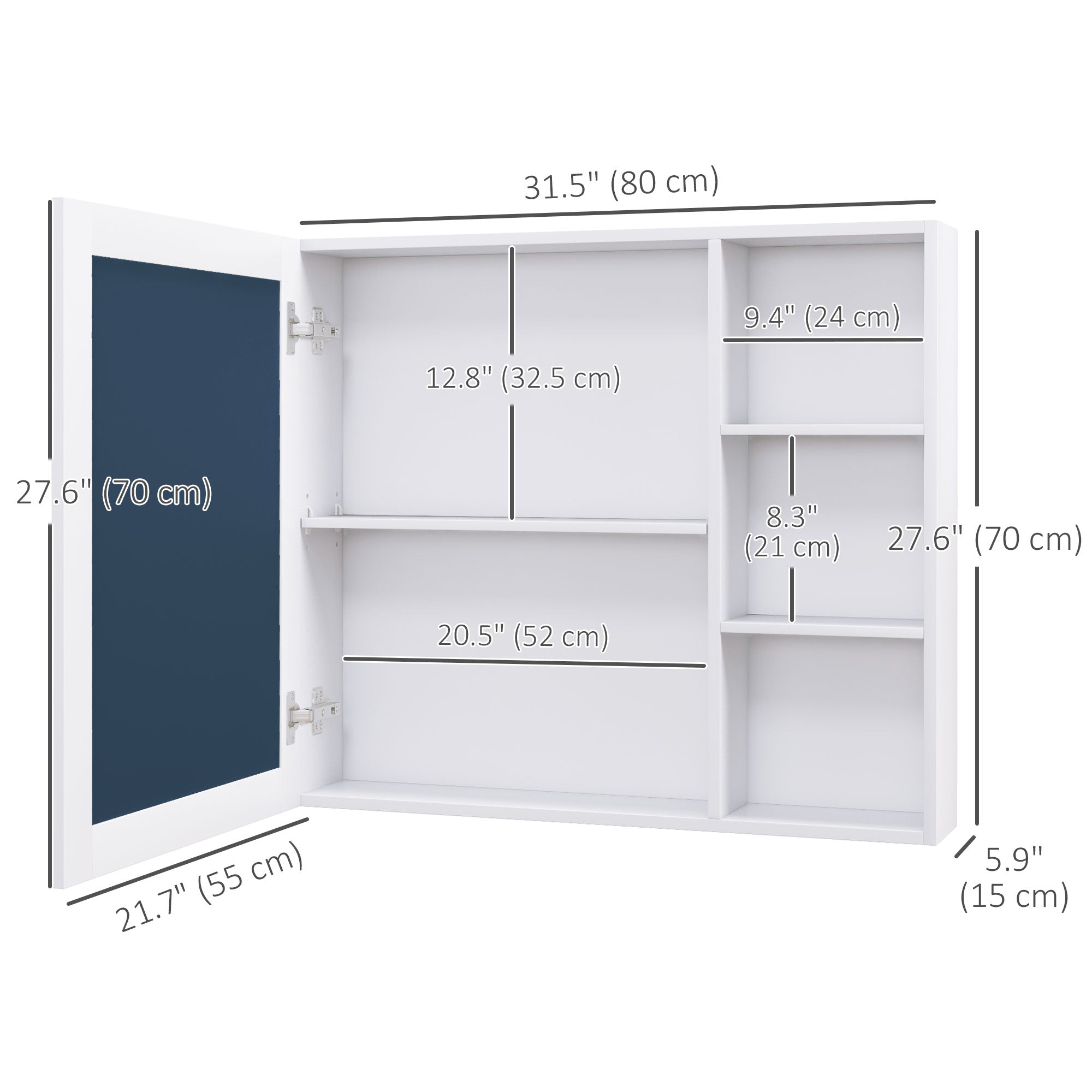 kleankin MDF Medicine Cabinet with Mirror, 31.5"W x 27.5"H Bathroom Storage Cabinet with 3-tier Shelves, Wall Mounted, White
