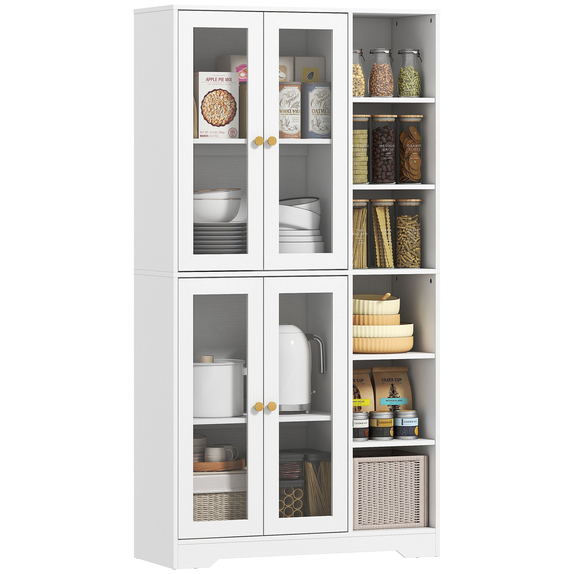 172 cm Tall Kitchen Cupboard, Pantry Storage Cabinet with Tempered Glass Doors and Soft-Close Hinges, Freestanding Kitchen Cabinet with Adjustable Shelves and 6 Open Shelves, White
