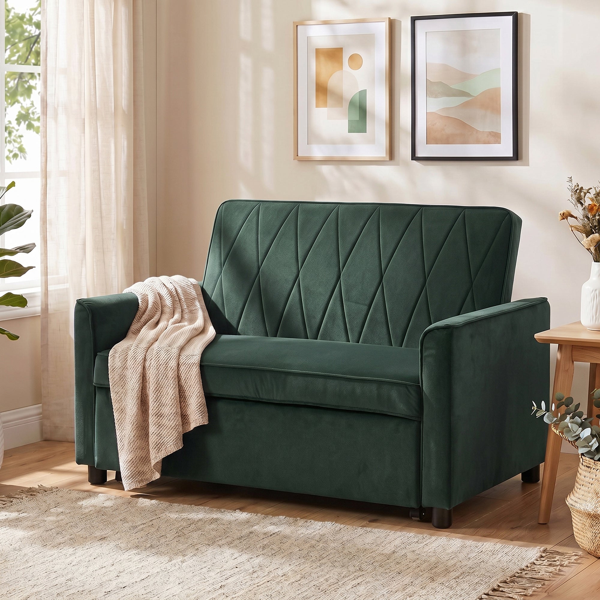 2 Seater Sofa Bed, 3-in-1 Convertible Pull Out Sleeper Sofa, Velvet Loveseat Bed Settee with Clik-Clack Adjustable Backrest, High-Density Foam for Living Room, Bedroom, Guest Room, Dark Green