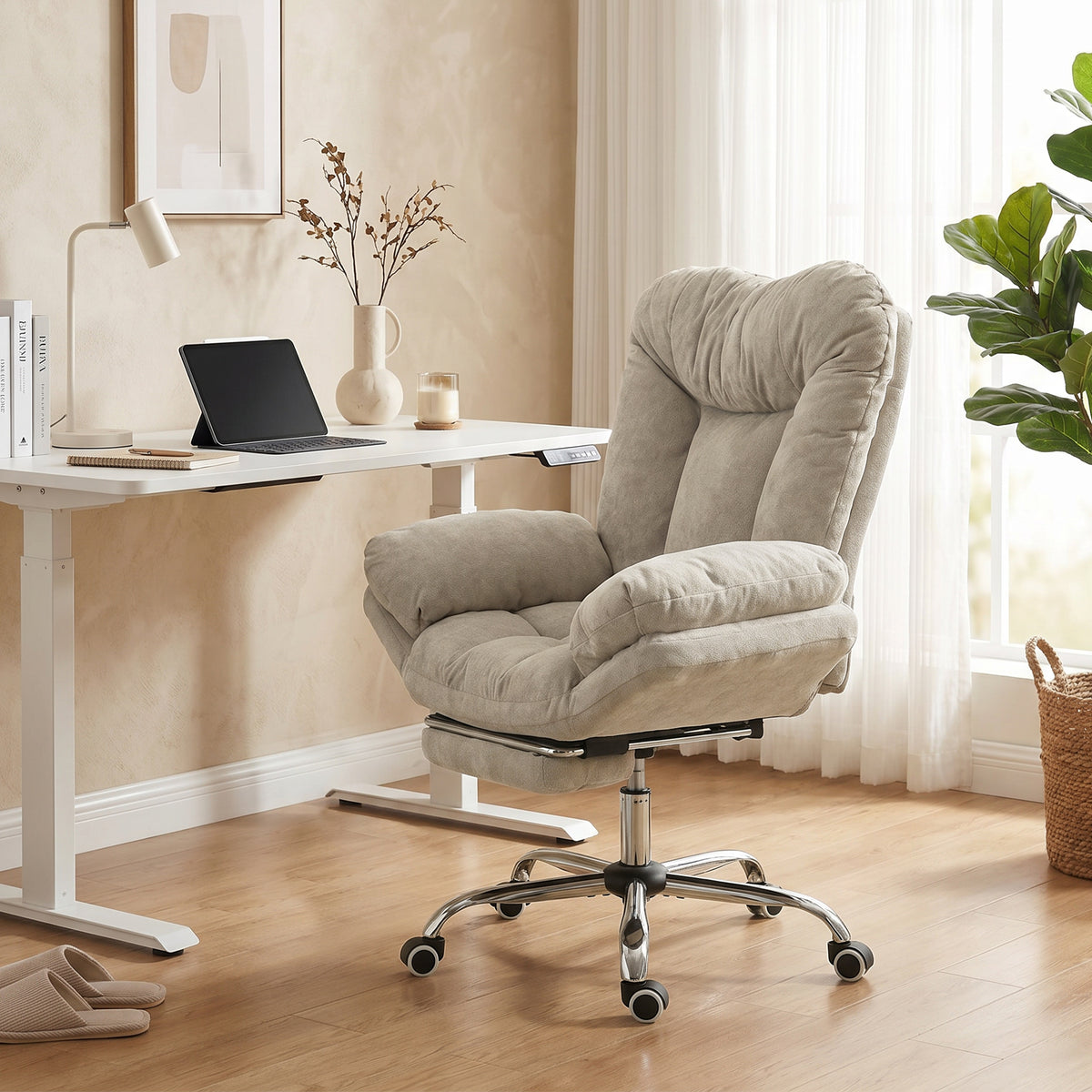 Criss Cross Office Chair with Footrest, Swivel Wheels, Wide Task Desk Chair with Overstuffed Reclining Backrest, Waterfall Arms, Adjustable Height, Cross Legged, Light Grey