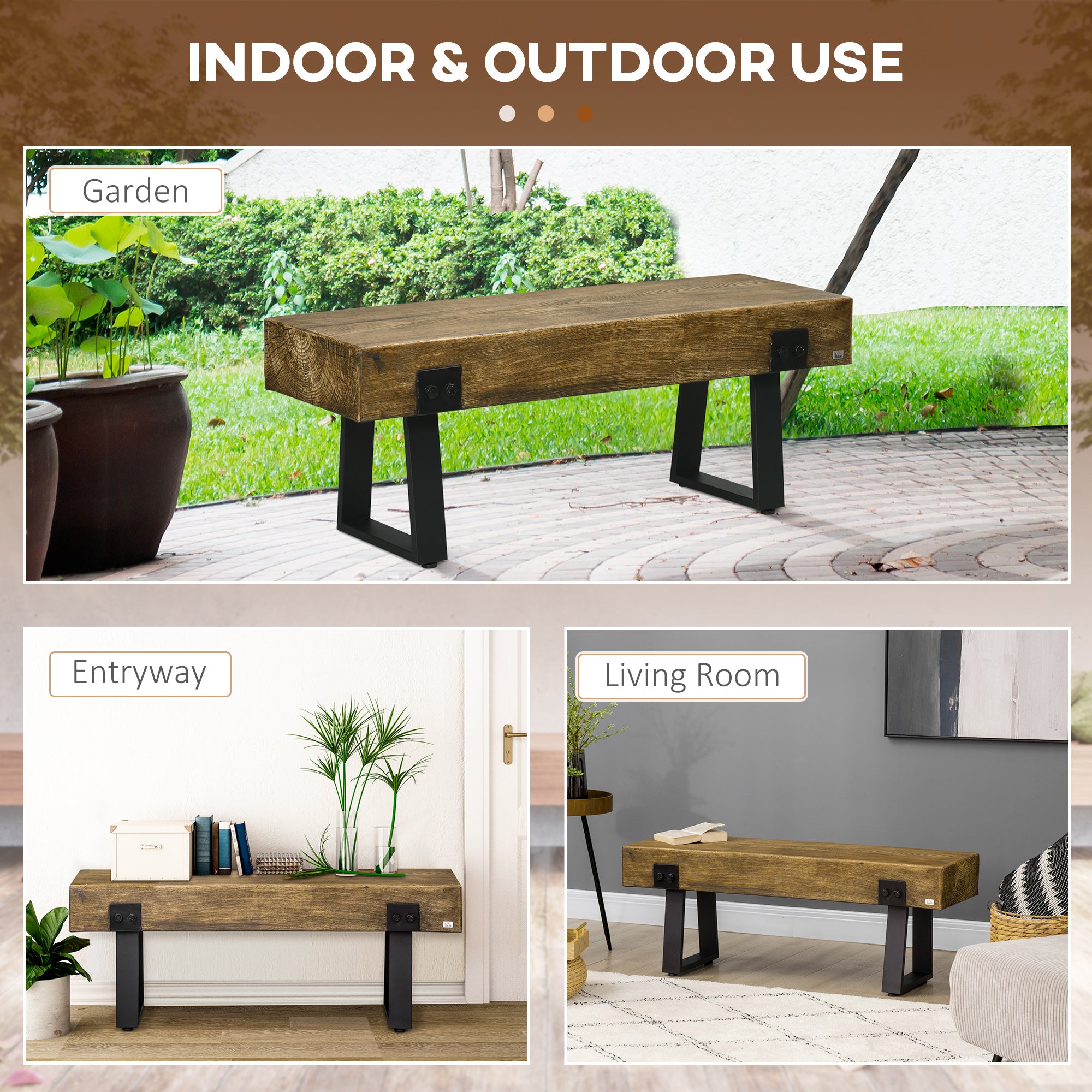 Garden Bench with Metal Legs, Wooden Concrete Entryway Bench for Indoor Outdoor Use