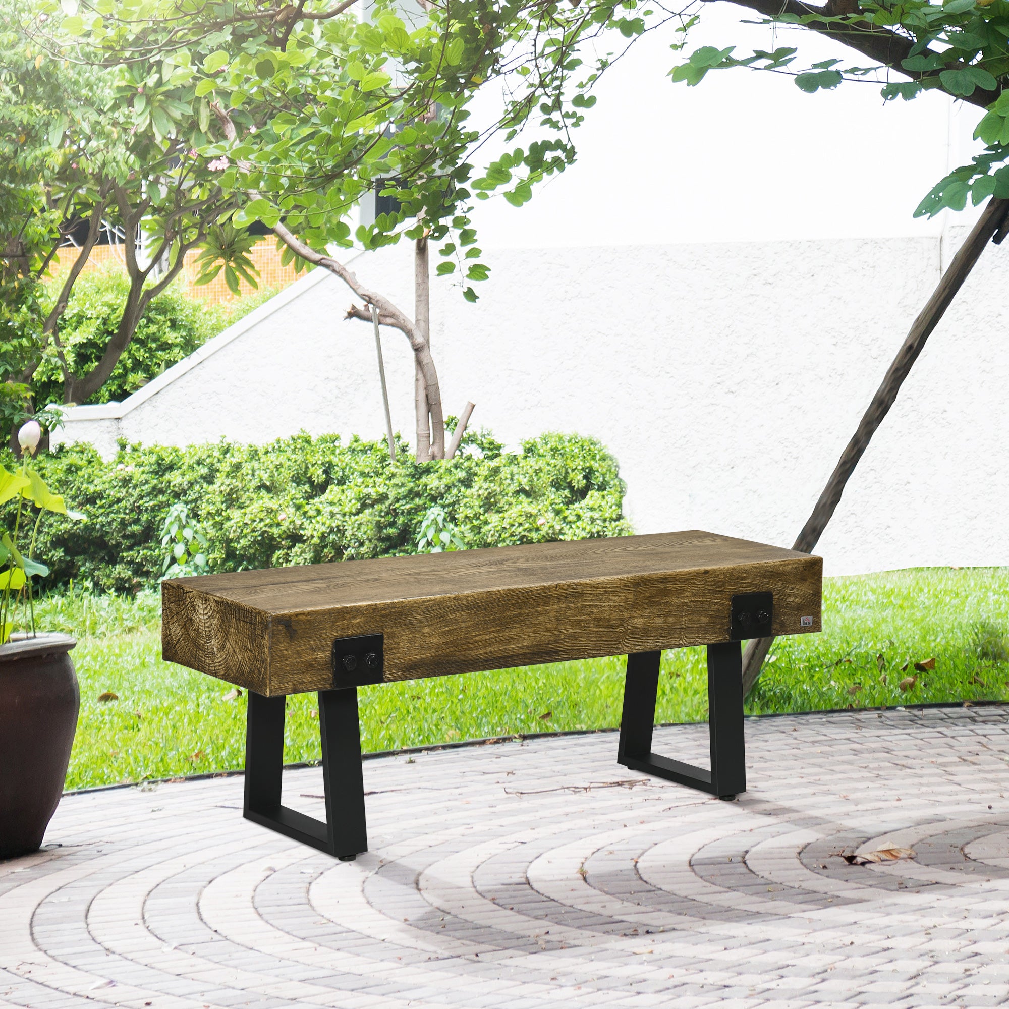 Garden Bench with Metal Legs, Wooden Concrete Entryway Bench for Indoor Outdoor Use