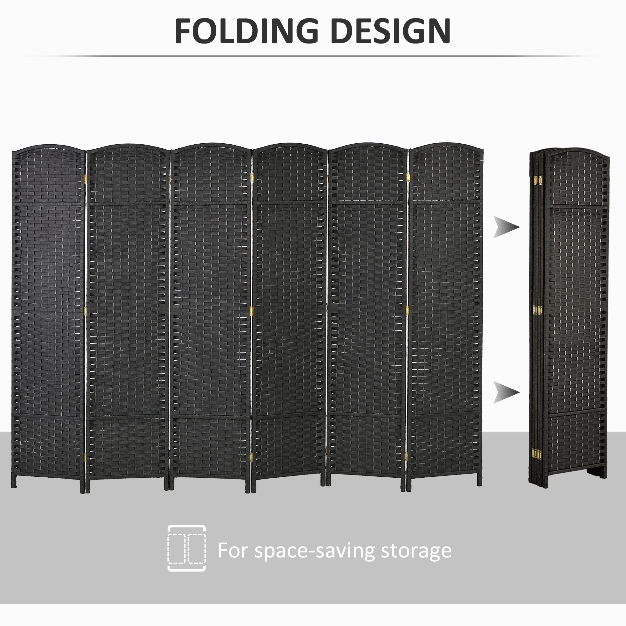 HOMCOM 6-panel Room Divider, 5.6 Ft Tall Folding Privacy Screen, Hand-Woven Freestanding Partition Wall Divider for Bedroom, Home Office, Black