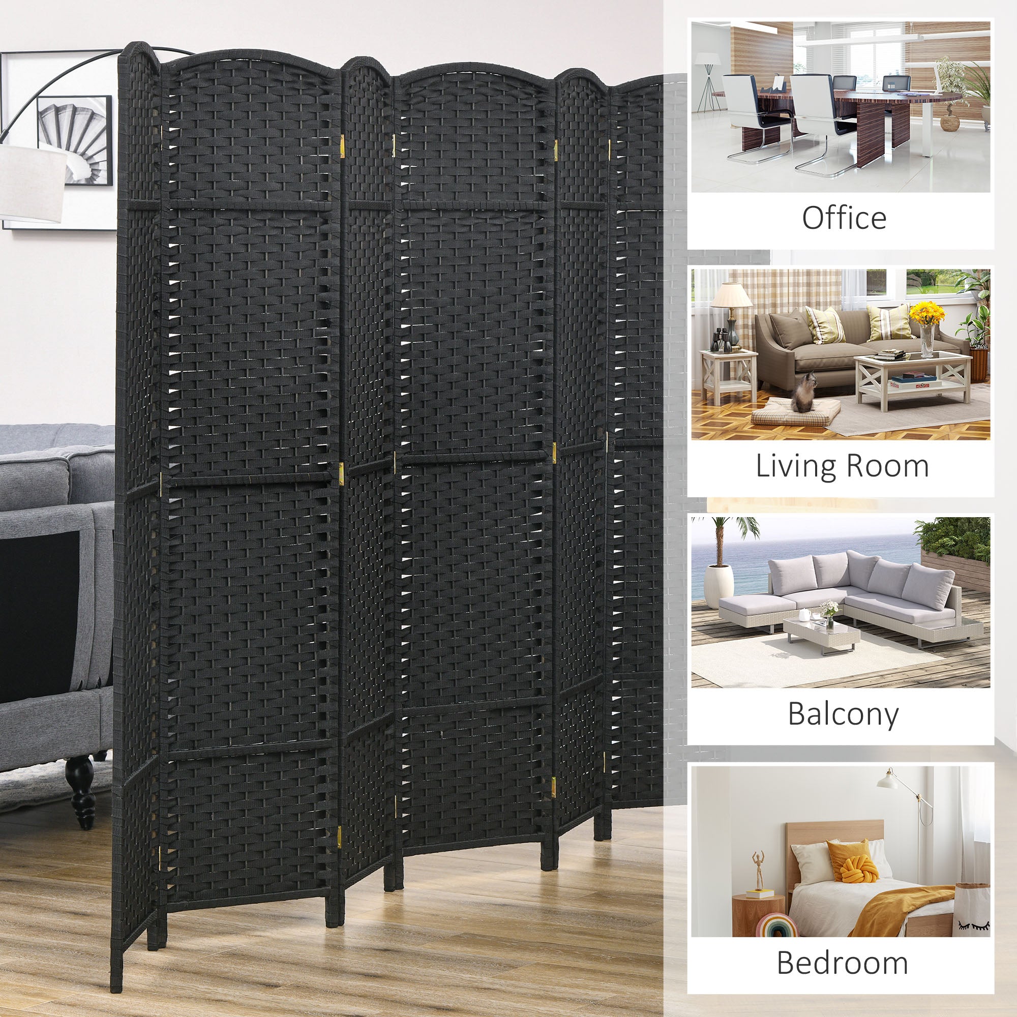 HOMCOM 6-panel Room Divider, 5.6 Ft Tall Folding Privacy Screen, Hand-Woven Freestanding Partition Wall Divider for Bedroom, Home Office, Black