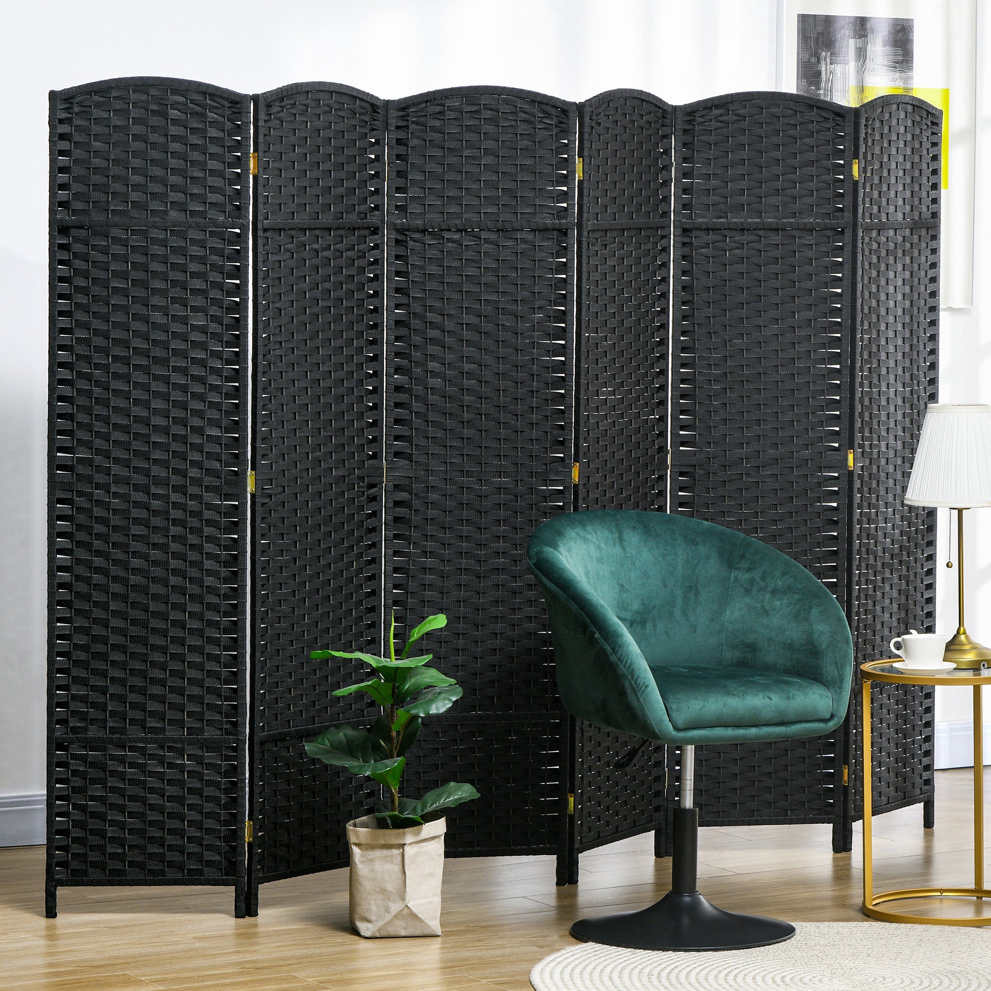 HOMCOM 6-panel Room Divider, 5.6 Ft Tall Folding Privacy Screen, Hand-Woven Freestanding Partition Wall Divider for Bedroom, Home Office, Black