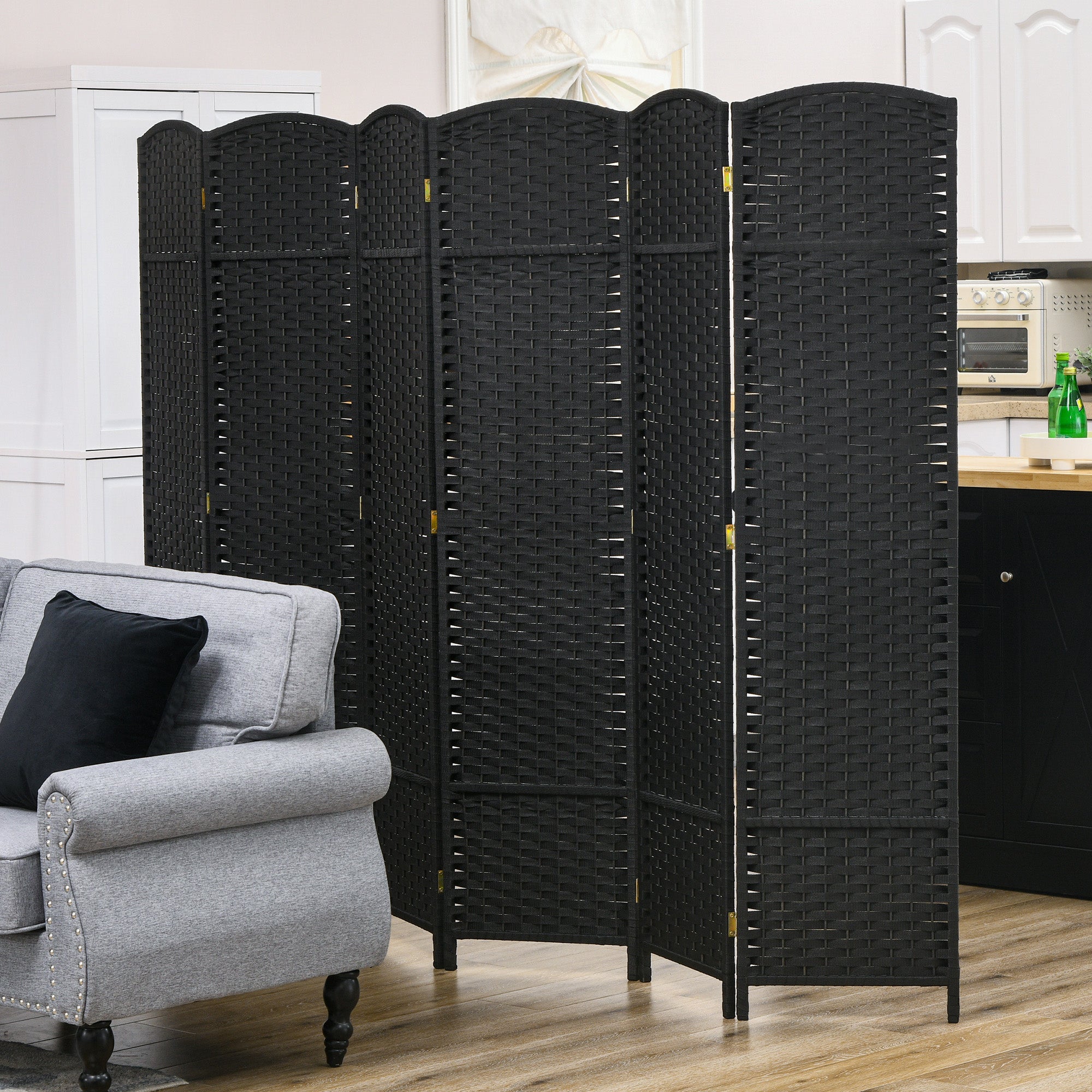 HOMCOM 6-panel Room Divider, 5.6 Ft Tall Folding Privacy Screen, Hand-Woven Freestanding Partition Wall Divider for Bedroom, Home Office, Black