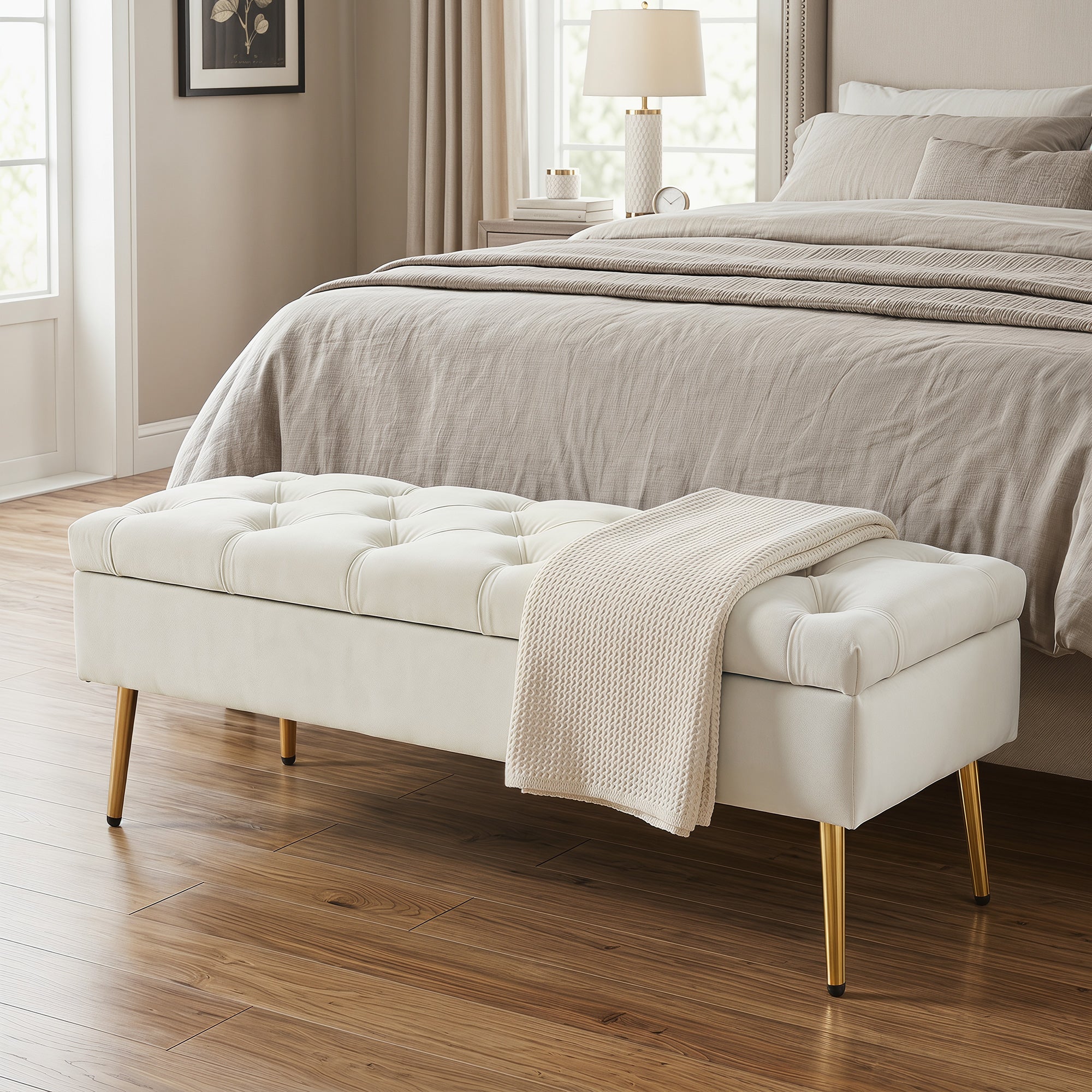 Upholstered Bedroom Bench with Gold Tone Metal Legs, Velvet Button-Tufted Storage Bench, Bench Seat with Thick Padding, Ottoman Bench for Living Room, Hallway, Beige