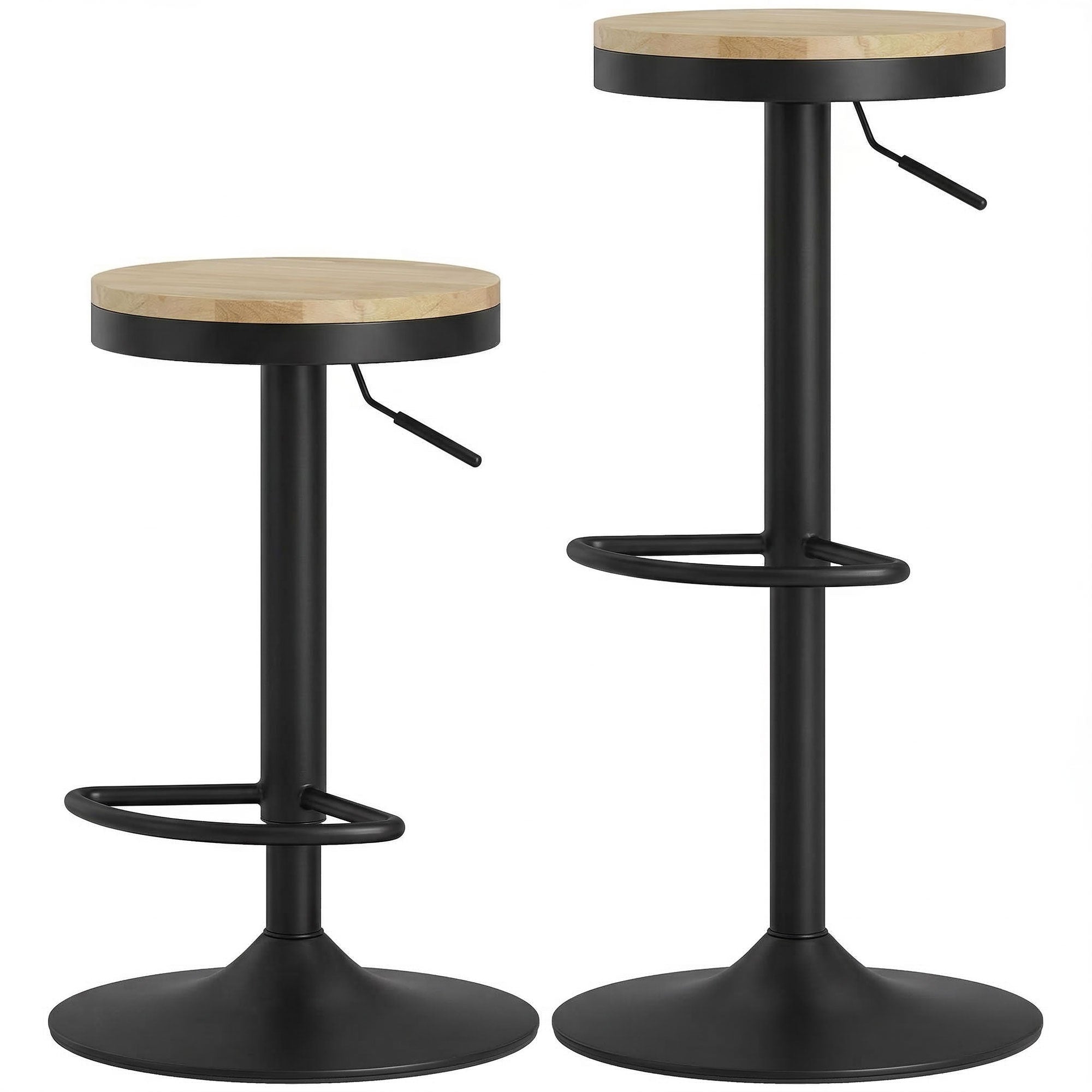 Wooden Bar Stools Set of 2, Adjustable Swivel Barstools with Rubber Wood Seat, Modern Bar Chairs for Kitchen Counter, Breakfast Island, Natural Wood and Black