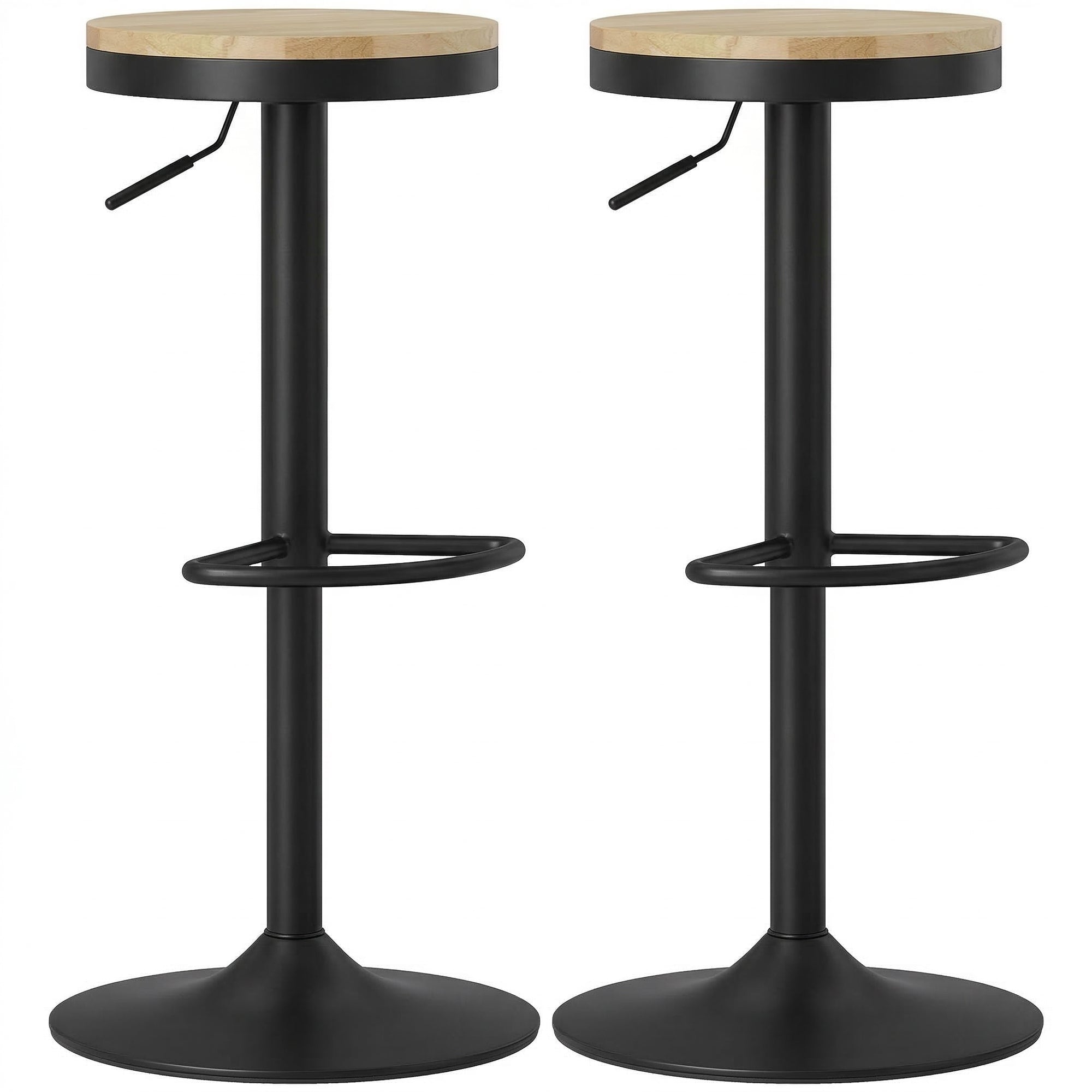 Wooden Bar Stools Set of 2, Adjustable Swivel Barstools with Rubber Wood Seat, Modern Bar Chairs for Kitchen Counter, Breakfast Island, Natural Wood and Black