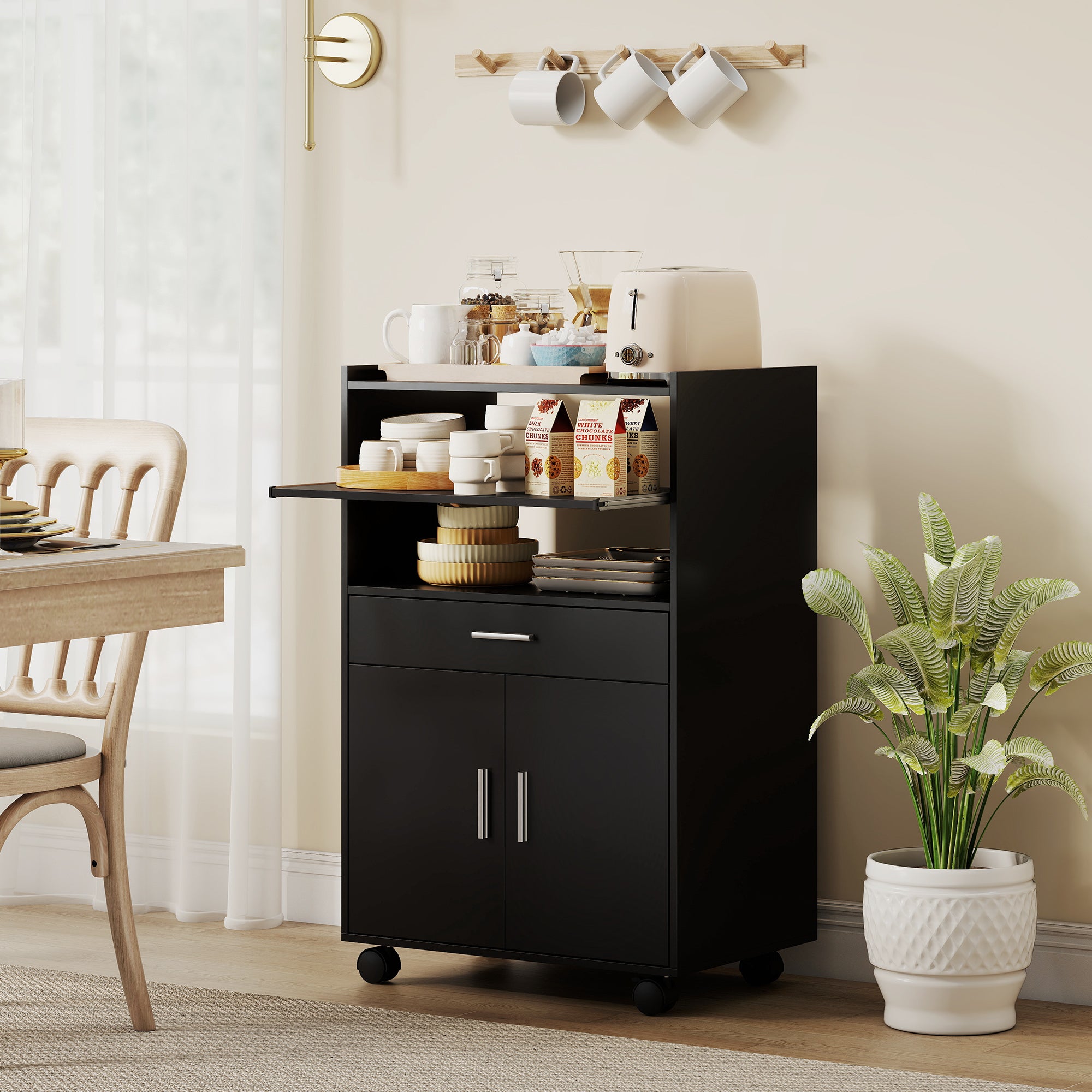 Microwave Cart with Wheels, Microwave Stand with Worktop, Open Shelves and Drawer, Storage Cabinet, Black