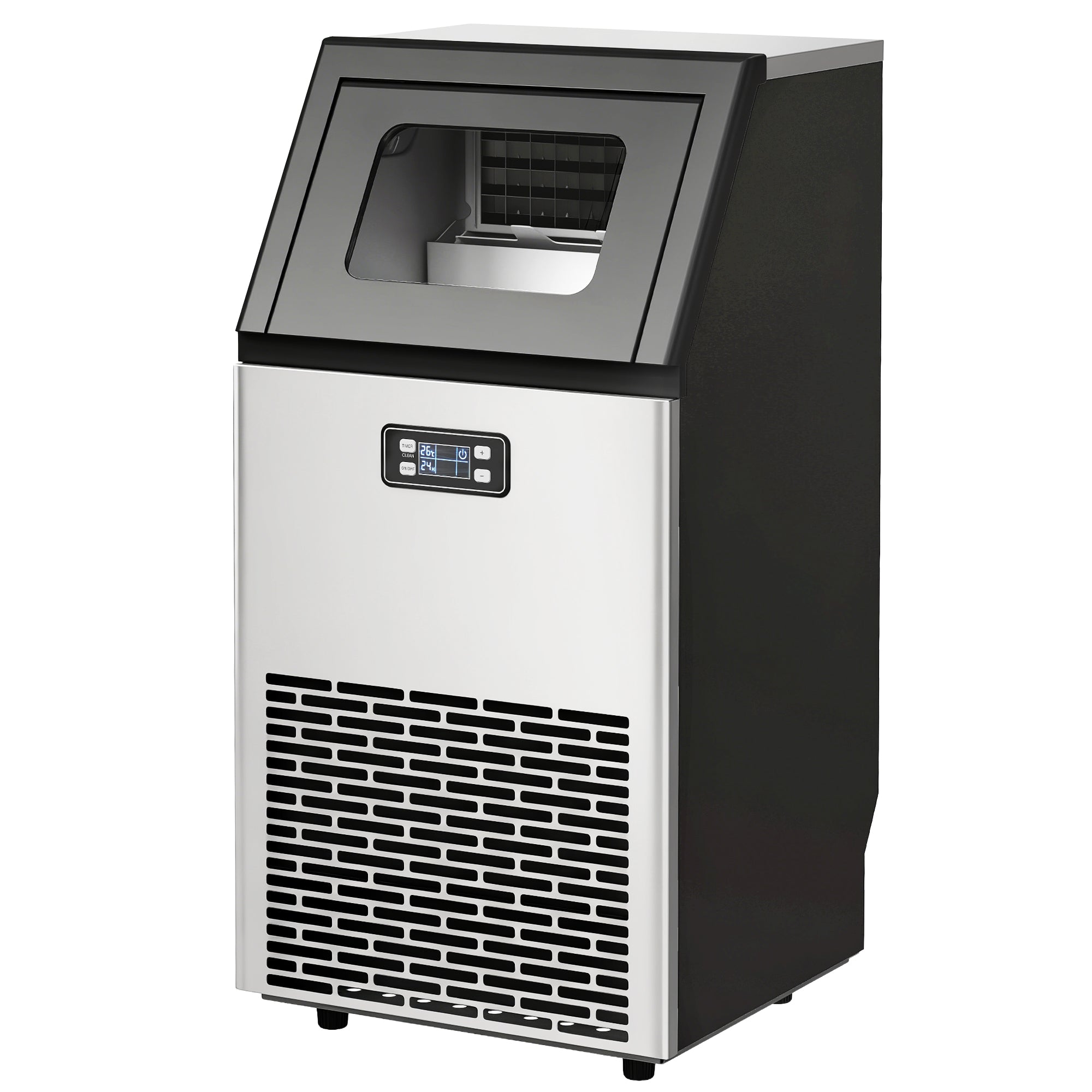 Commercial Ice Maker Machine, Freestanding Stainless Steel Ice Machine with Self-Cleaning, LCD Display, 45kg/24 Hours and 11kg Storage for Home, Office, Bar, Restaurant