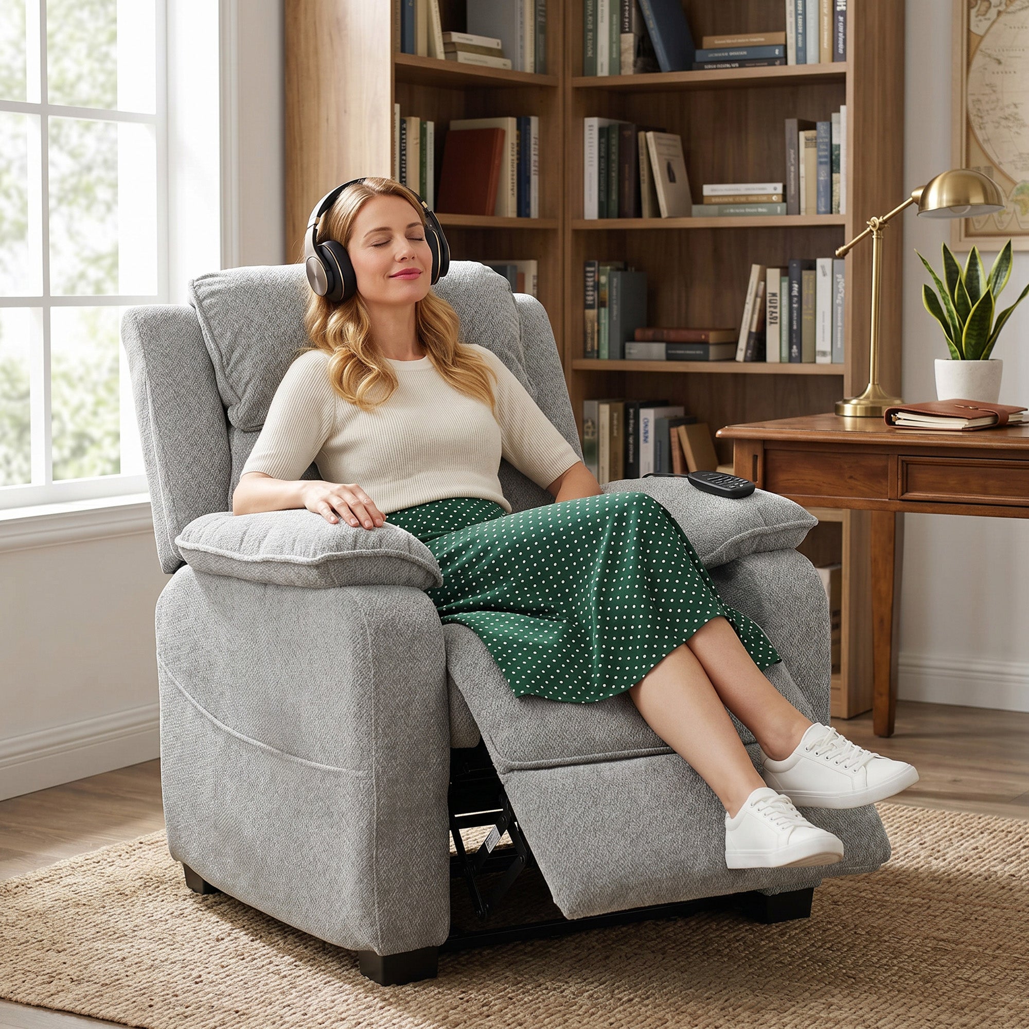 Power Recliner Armchair with Massage and Heat, Velvet-Feel Fabric Quiet Electric Reclining Chair with Wide Spring Seat, Memory Function, High Back, Headrest, USB Port, Side Pockets, Light Grey