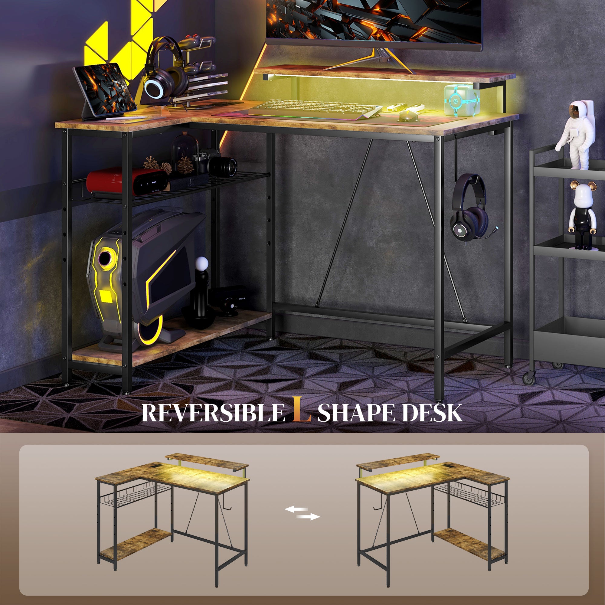 Reversible L Shaped Desk with Lights Power Outlet USB Ports Brown