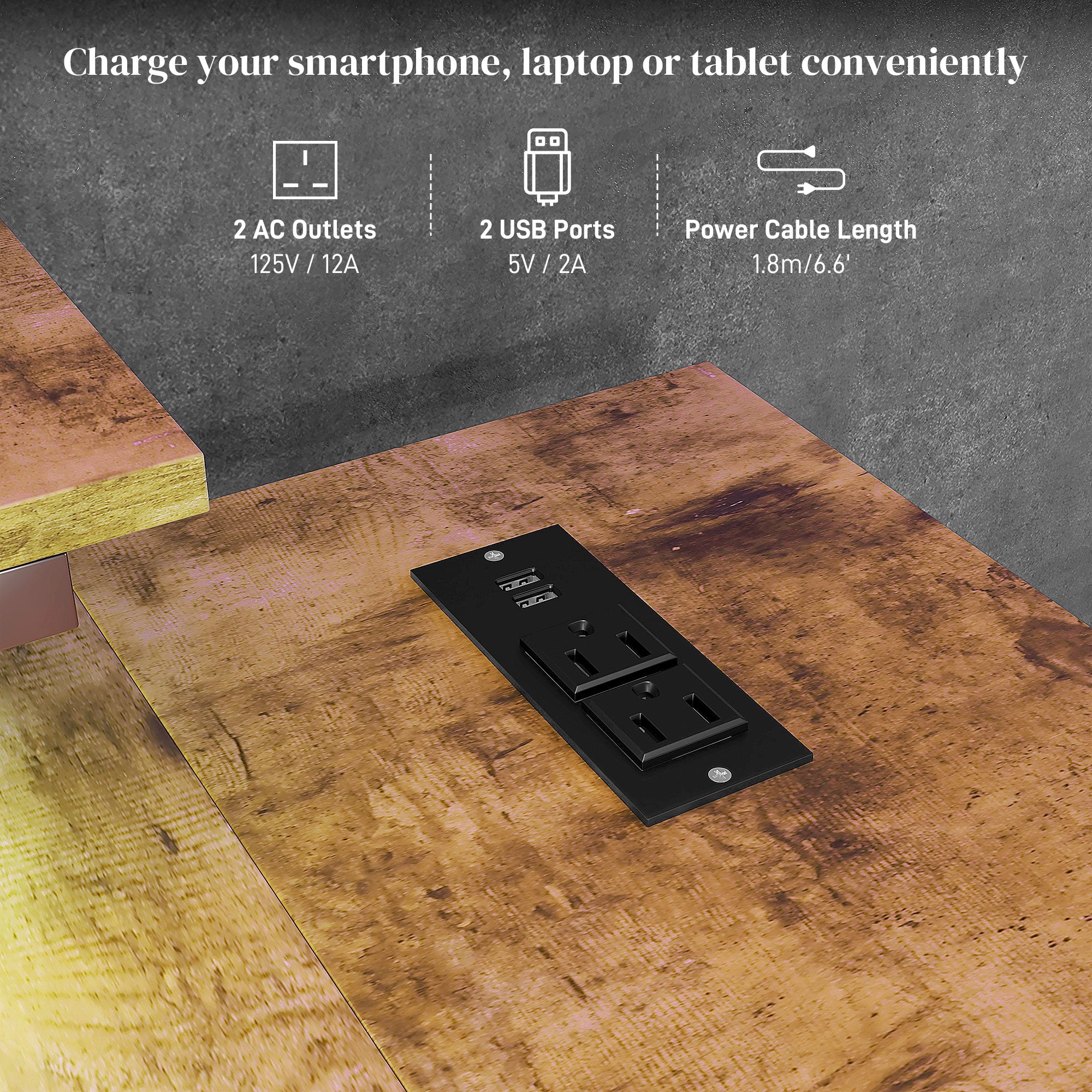 Reversible L Shaped Desk with Lights Power Outlet USB Ports Brown