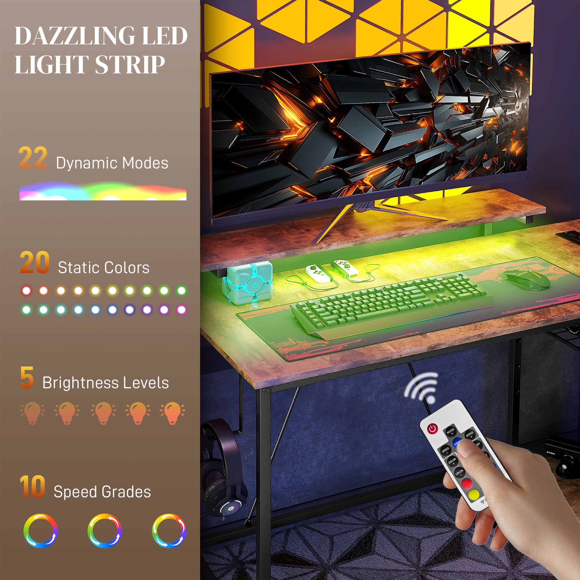 Reversible L Shaped Desk with Lights Power Outlet USB Ports Brown