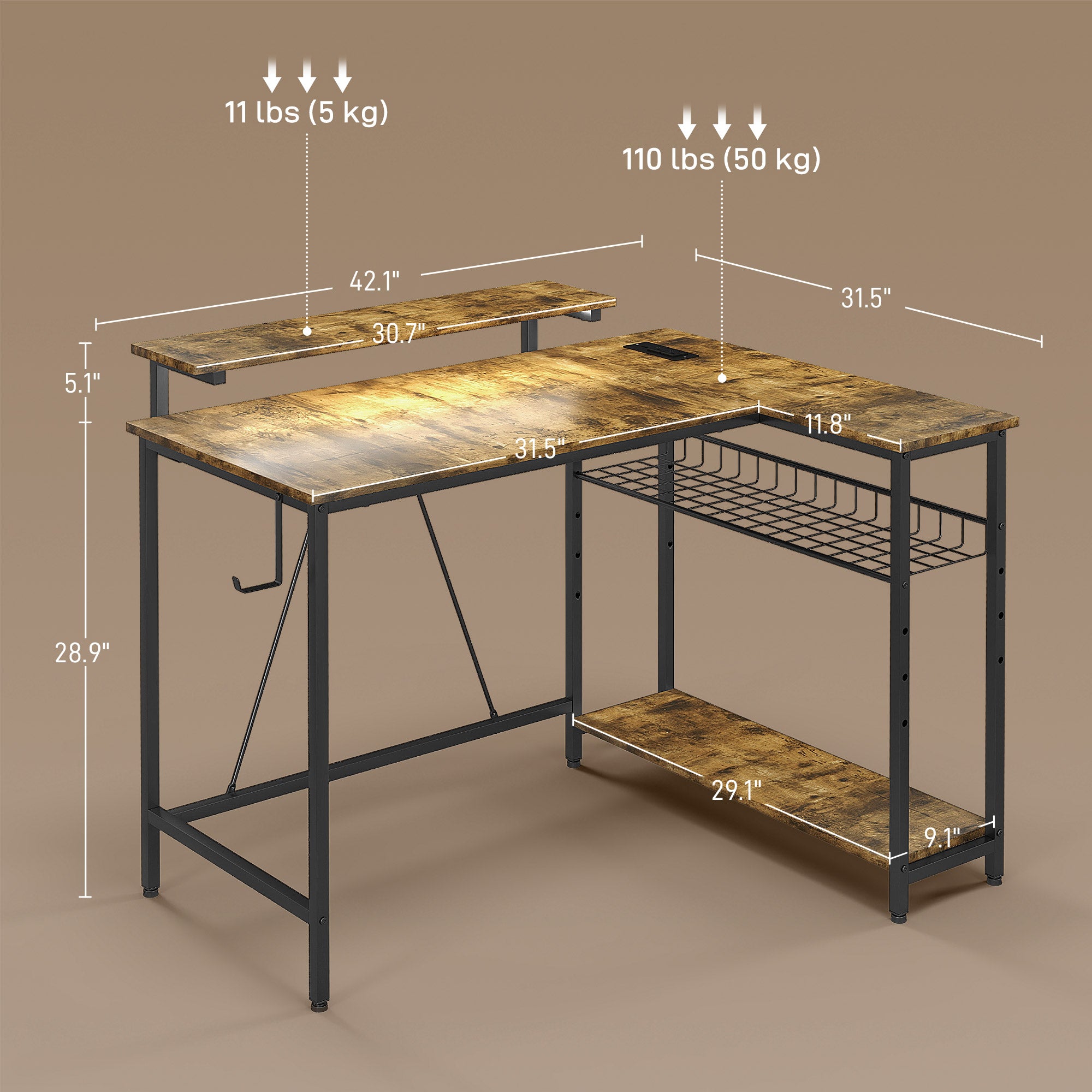 Reversible L Shaped Desk with Lights Power Outlet USB Ports Brown