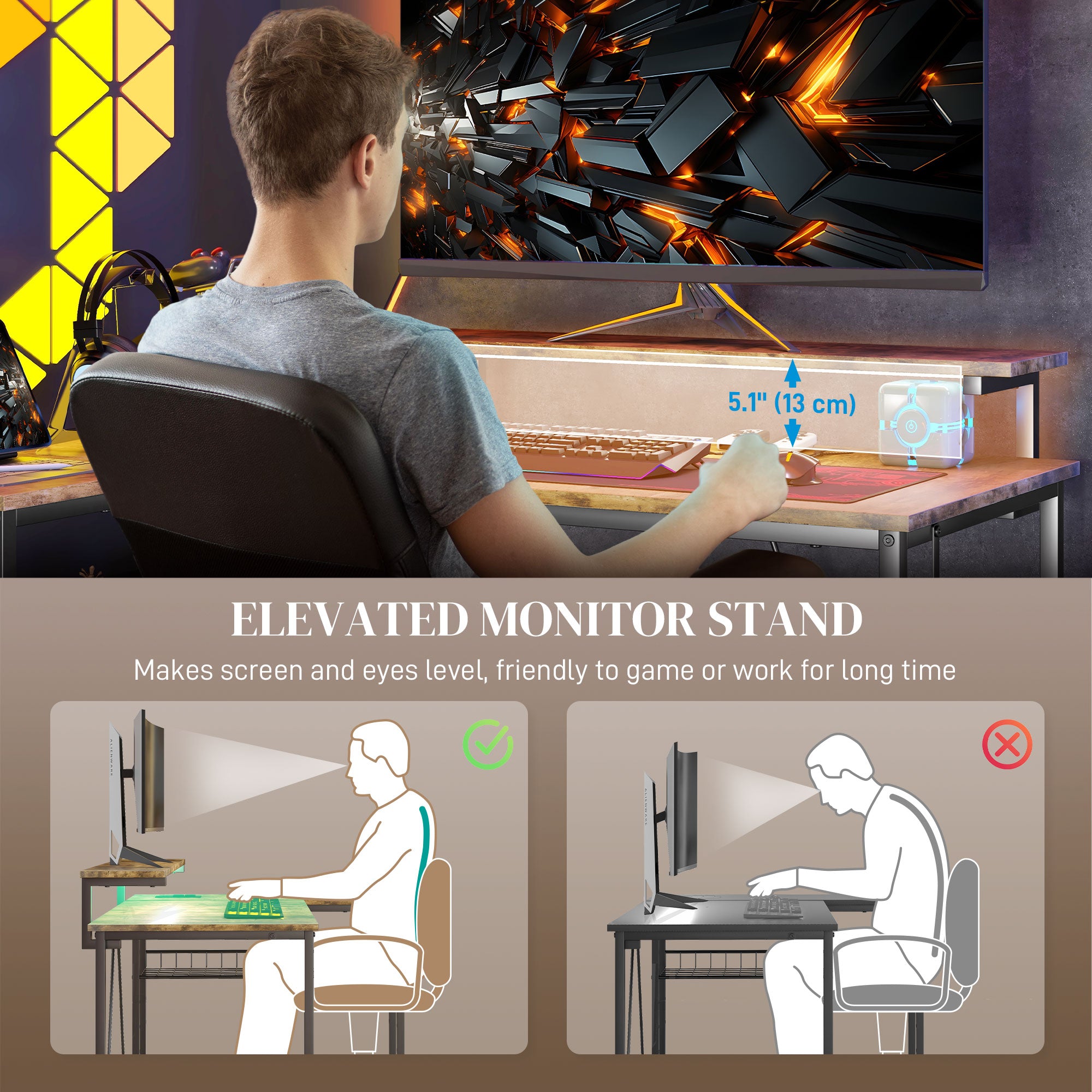 Reversible L Shaped Desk with Lights Power Outlet USB Ports Brown