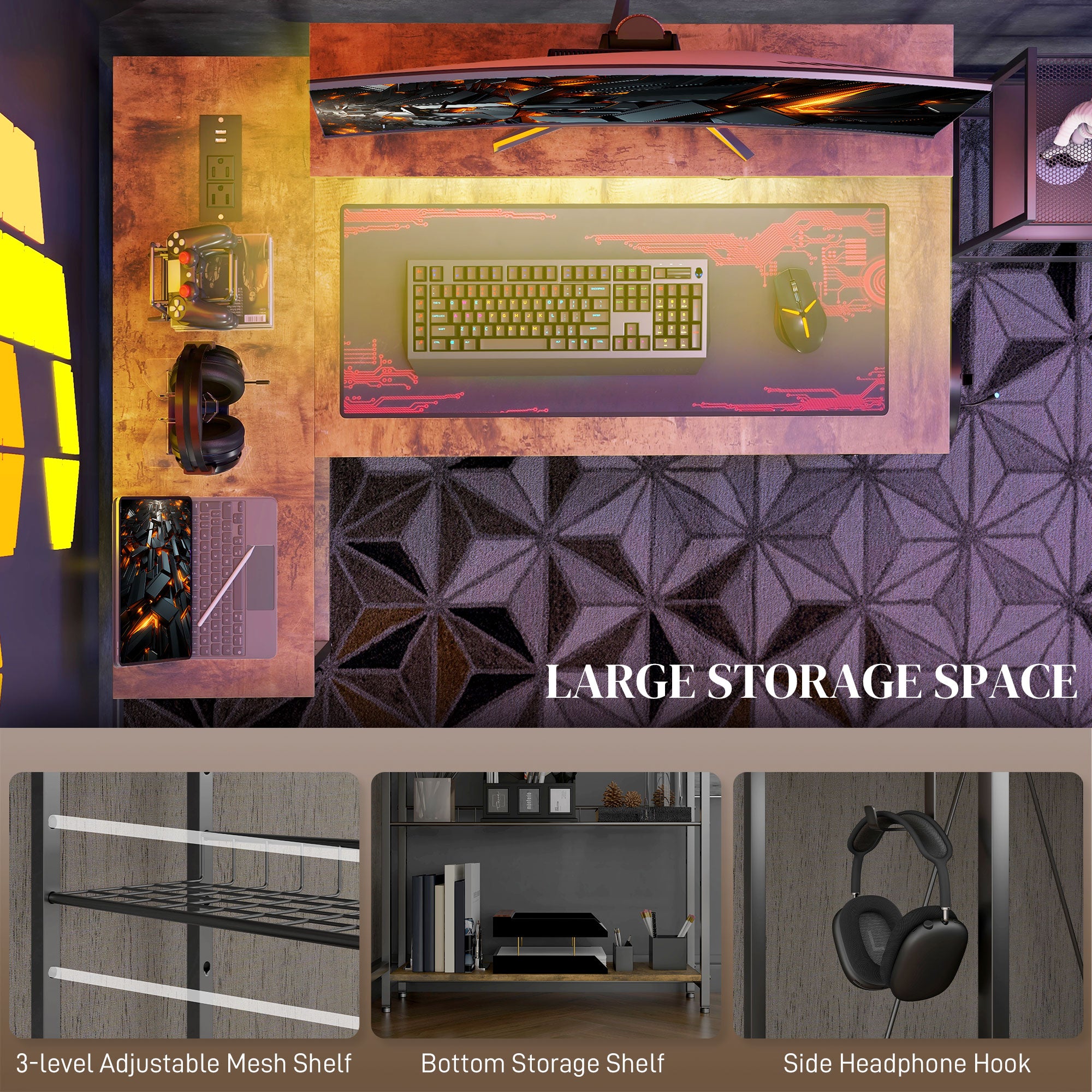 Reversible L Shaped Desk with Lights Power Outlet USB Ports Brown