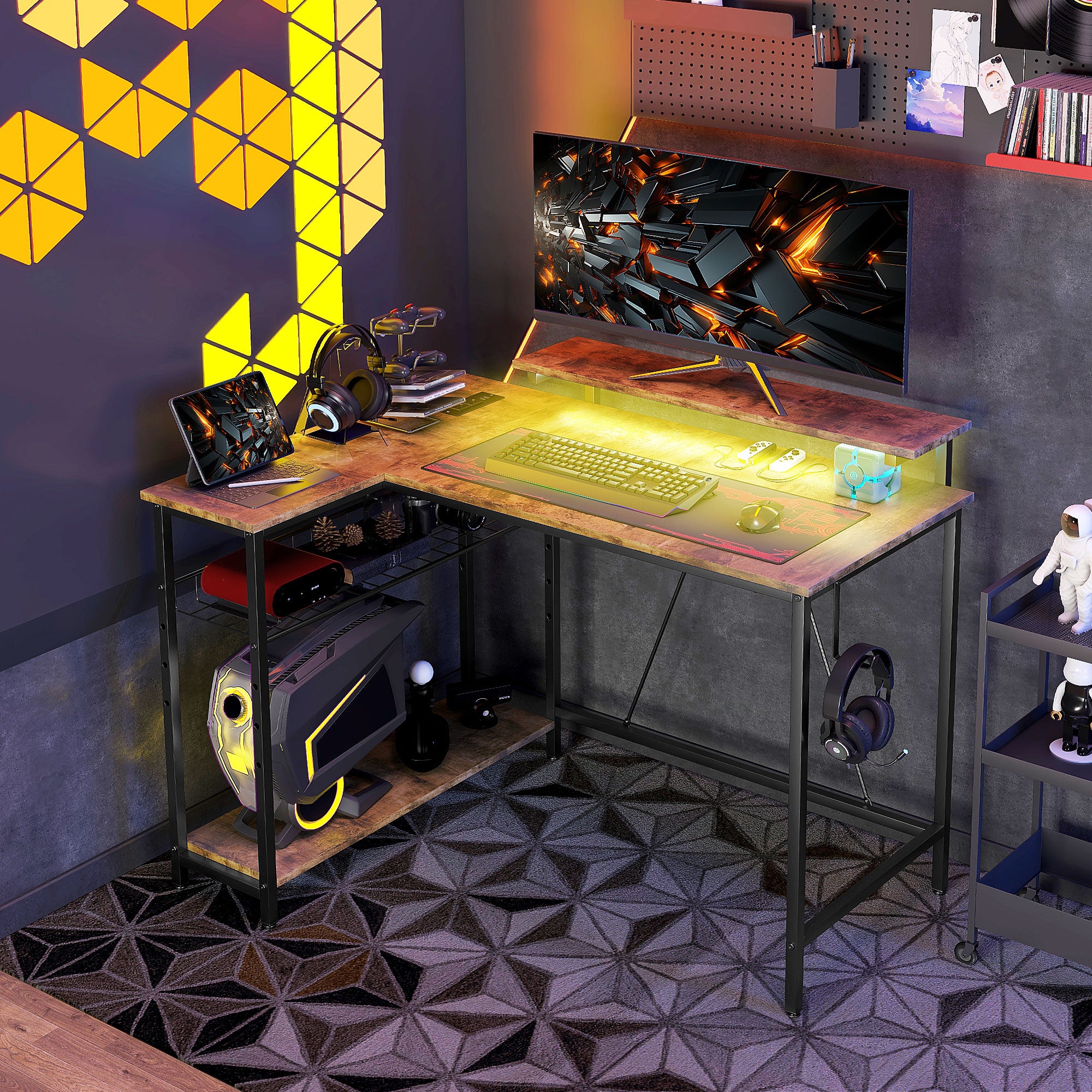 Reversible L Shaped Desk with Lights Power Outlet USB Ports Brown