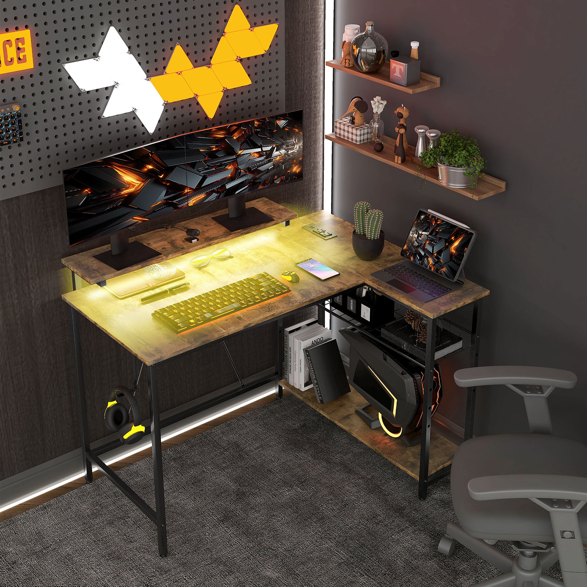 Reversible L Shaped Desk with Lights Power Outlet USB Ports Brown
