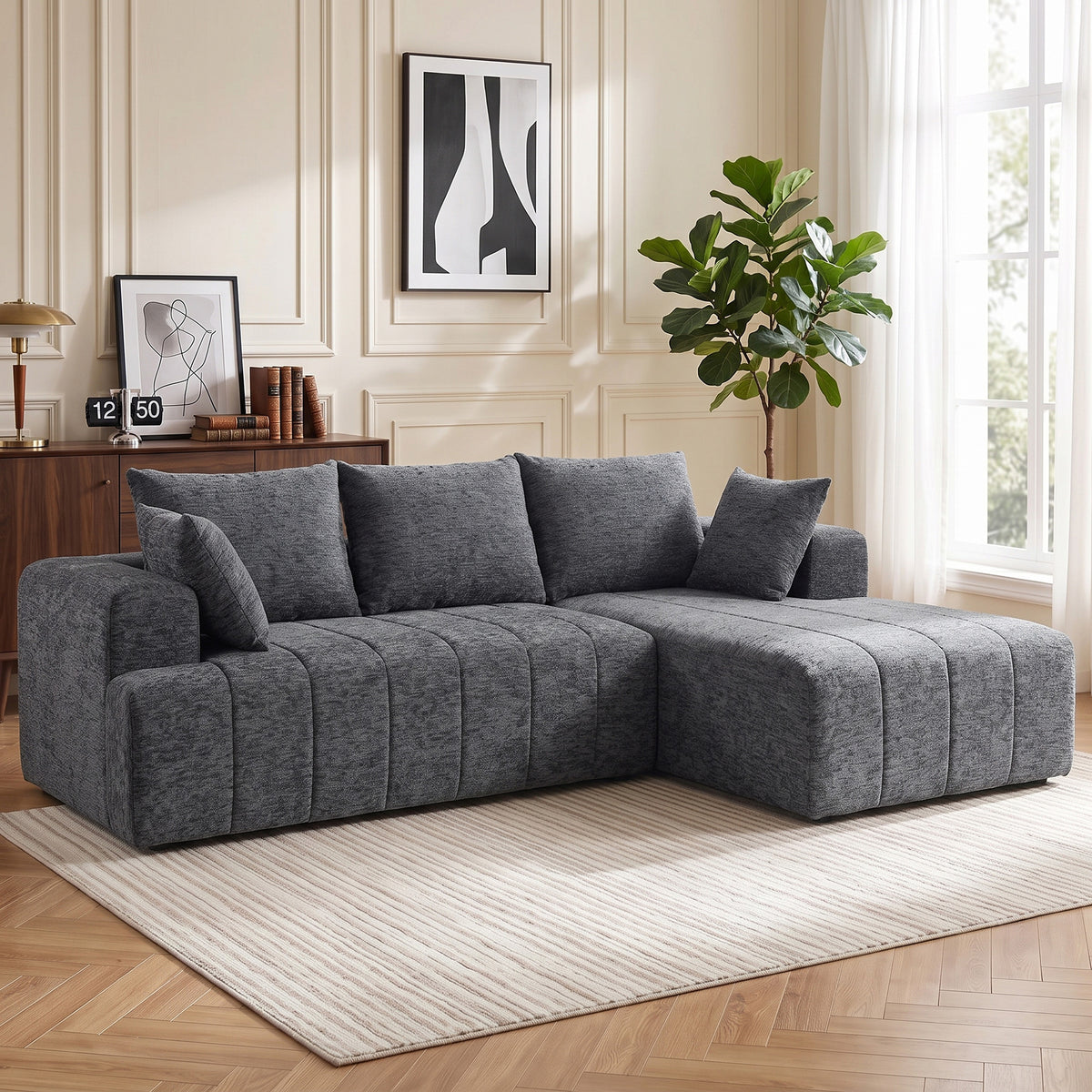 101" Modular Sectional Sofa with Chaise, Chenille Boneless Cloud Sofa Bed, 3 Seater L-Shaped Couch with Spring Cushion, Wide and Deep Seat, Wide Arms, No Assembly, Grey