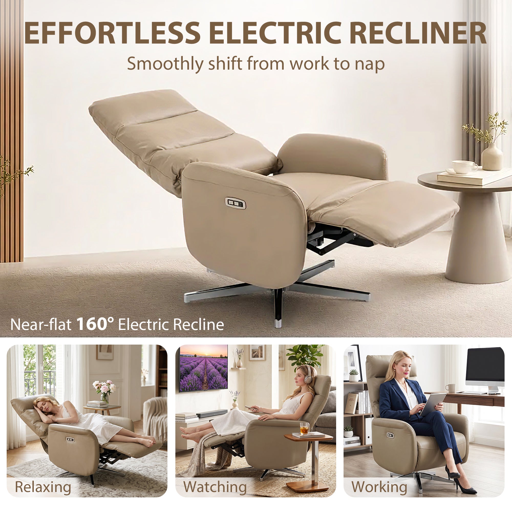 Electric Recliner Armchair, PU Leather Swivel Recliner Chair with Type C+USB, 160° Reclining Chair with Adjustable Leg Rest for Home Living Room Theater, Brown