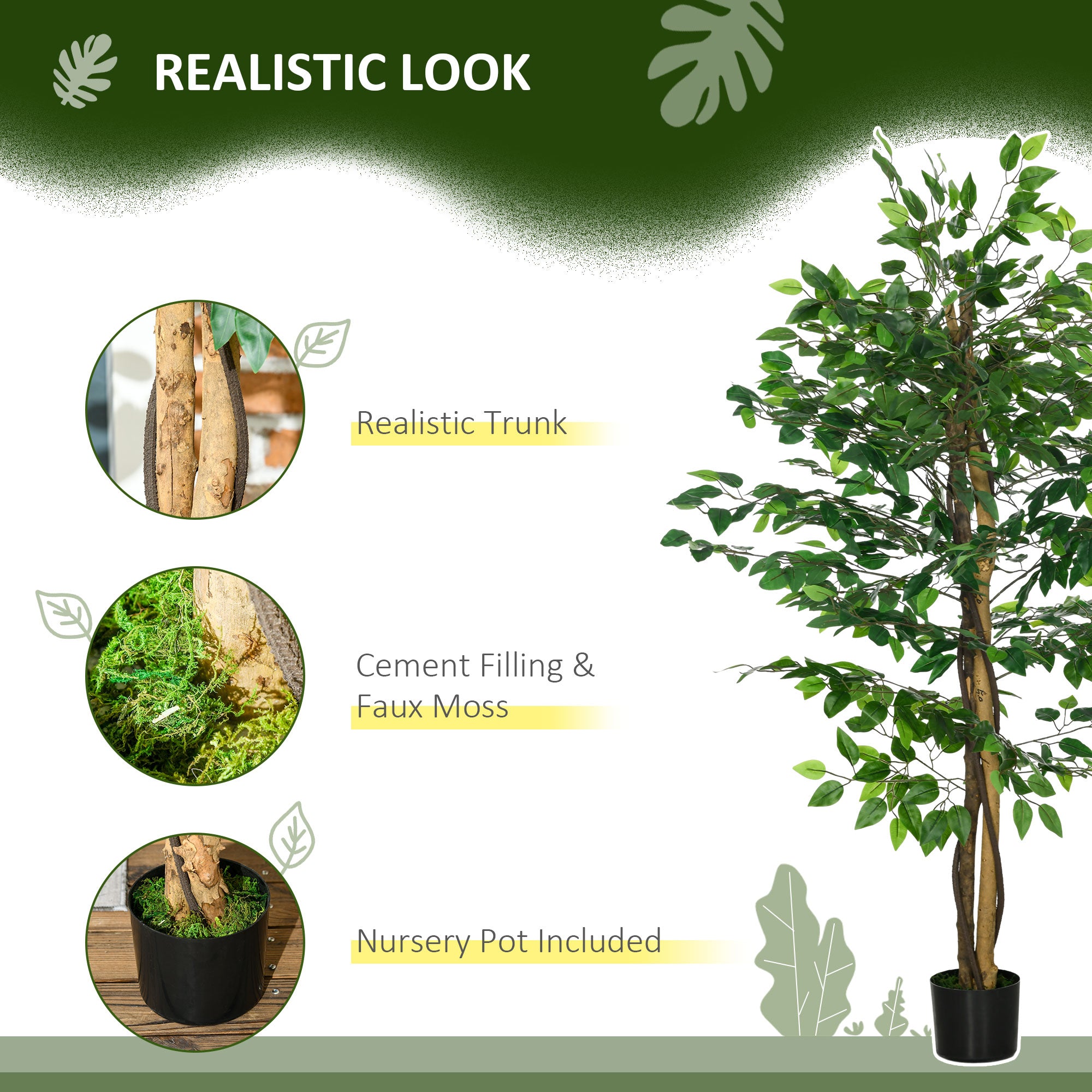 HOMCOM 5ft Set of 2 Artificial Ficus Tree with Pot, Indoor Outdoor Fake Plants for Home Office Living Room Decor