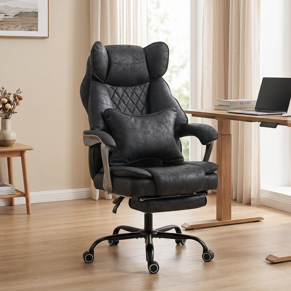 Executive Office Chair with Footrest, 400lb Big and Tall Leathaire Desk Chair with Wide Seat, Reclining Back, Lumbar Support, Built-in Headrest, Class 4 Gas Lift, Black