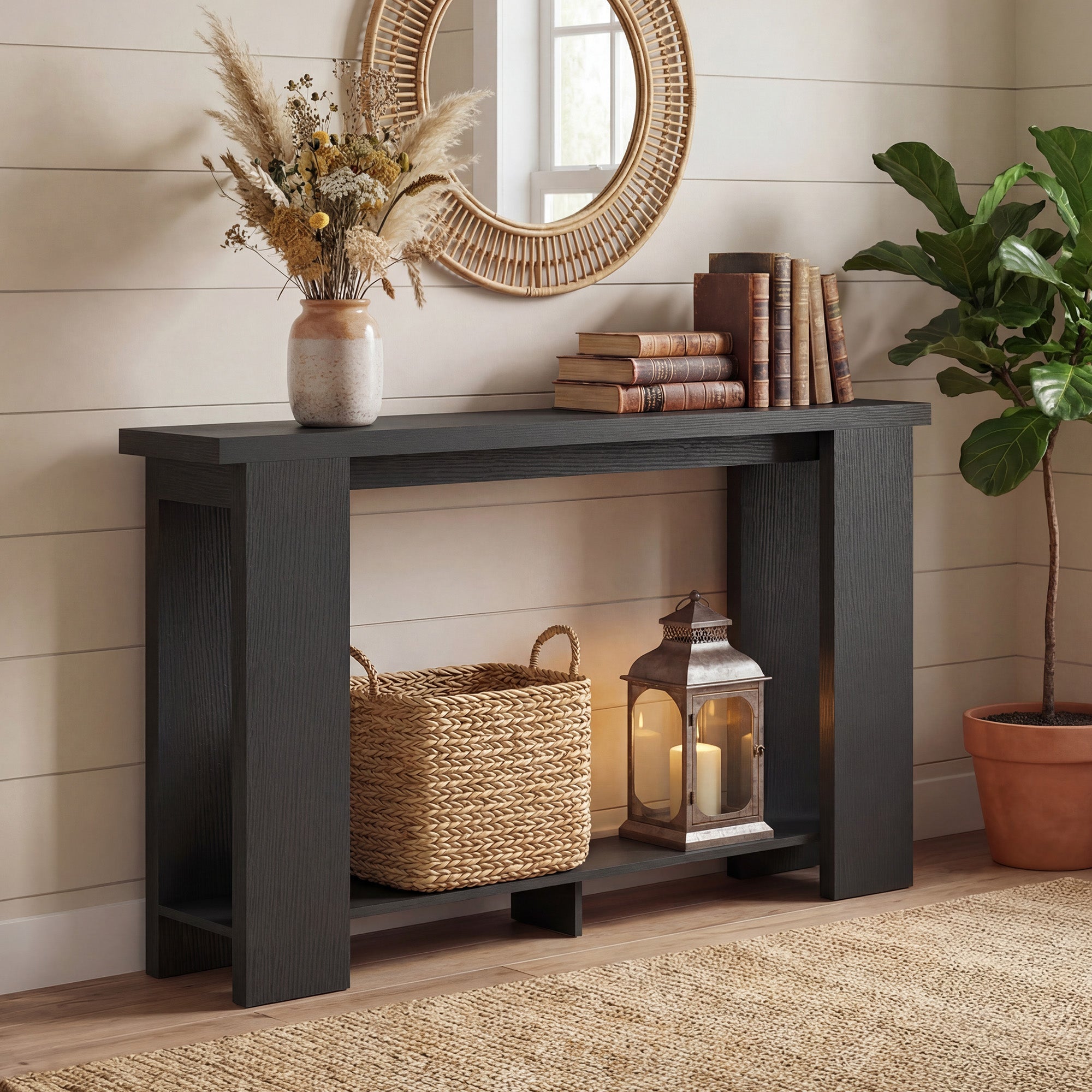 Farmhouse Console Table, 63" Narrow Entryway Table with Storage Shelf and Thickened Tabletop for Living Room, Hallway, Entrance, Distressed Black