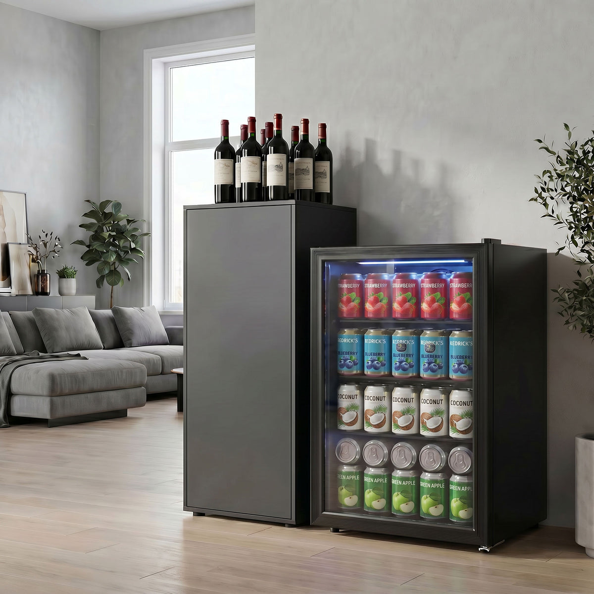 Beverage Refrigerator, 85 Can Mini Fridge with Glass Door, Auto-Defrost for Soda Beer, 2.1 Cu.Ft Freestanding Drink Fridge with LED Light for Home Office Bar, Black