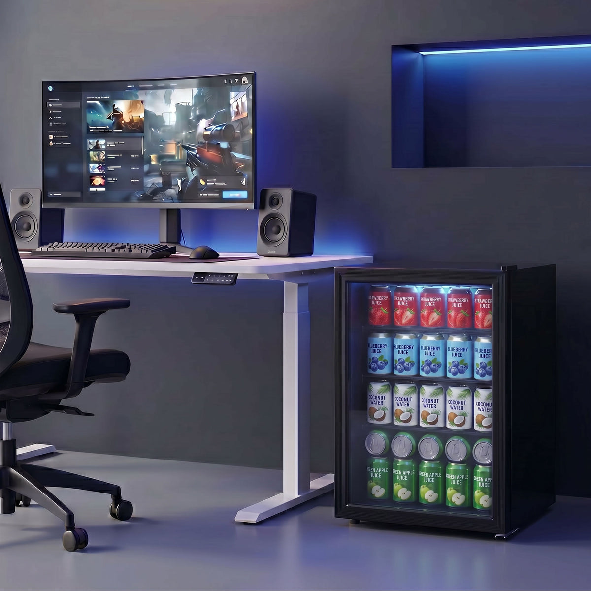 Beverage Refrigerator, 85 Can Mini Fridge with Glass Door, Auto-Defrost for Soda Beer, 2.1 Cu.Ft Freestanding Drink Fridge with LED Light for Home Office Bar, Black