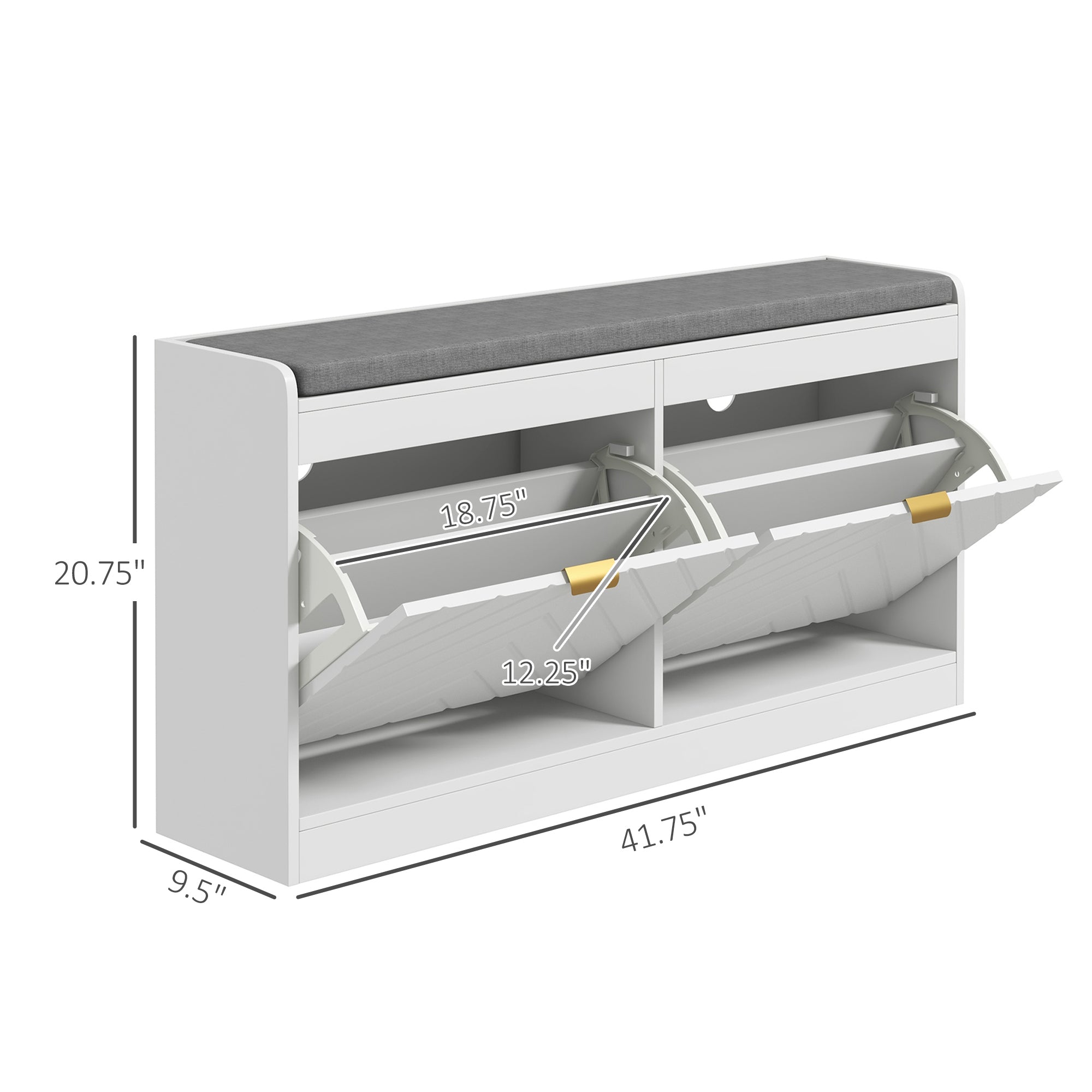 Narrow Entryway Storage Bench with 2 Flip Drawers, 2 Vents for 8 Pairs, White - HOMCOM