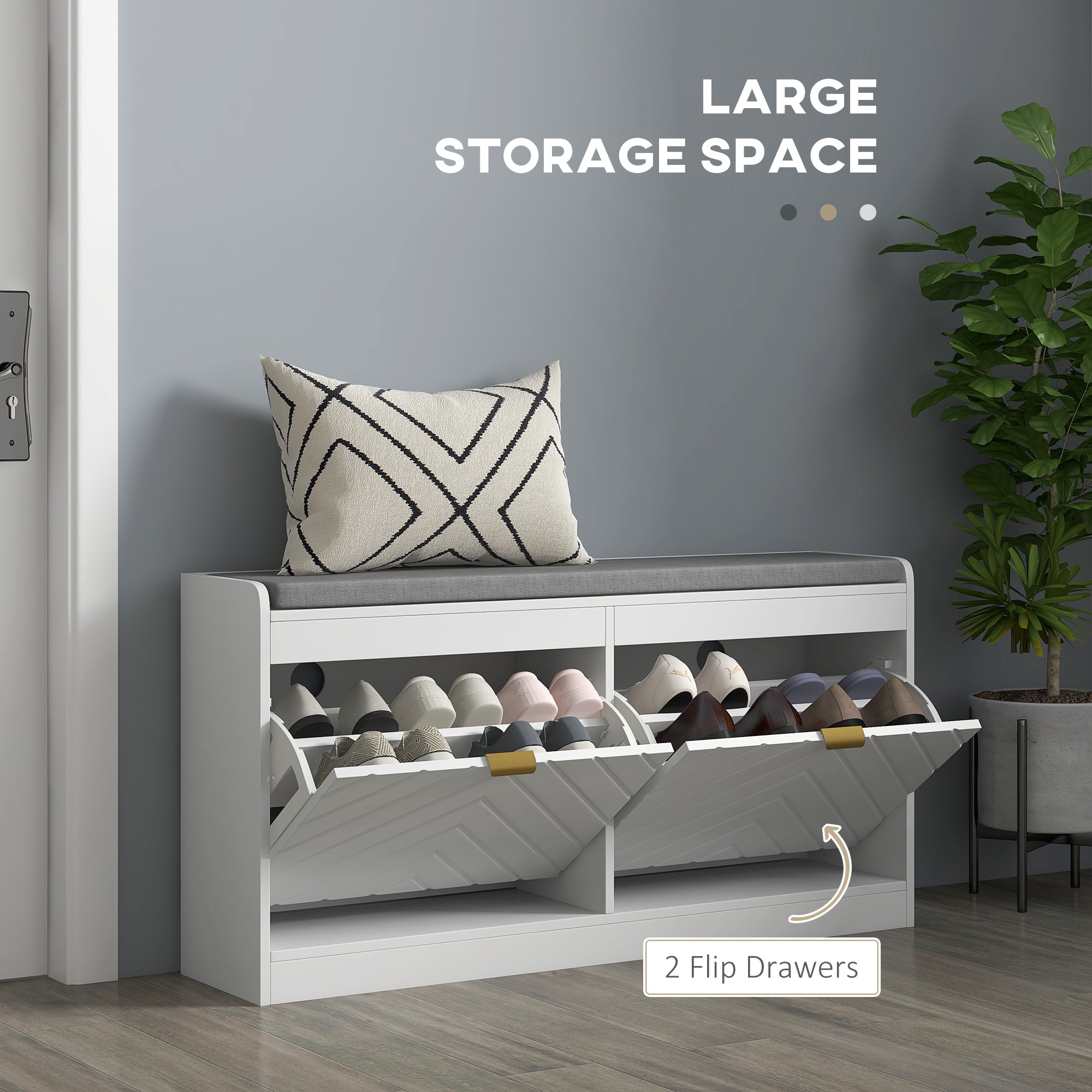 Narrow Entryway Storage Bench with 2 Flip Drawers, 2 Vents for 8 Pairs, White - HOMCOM