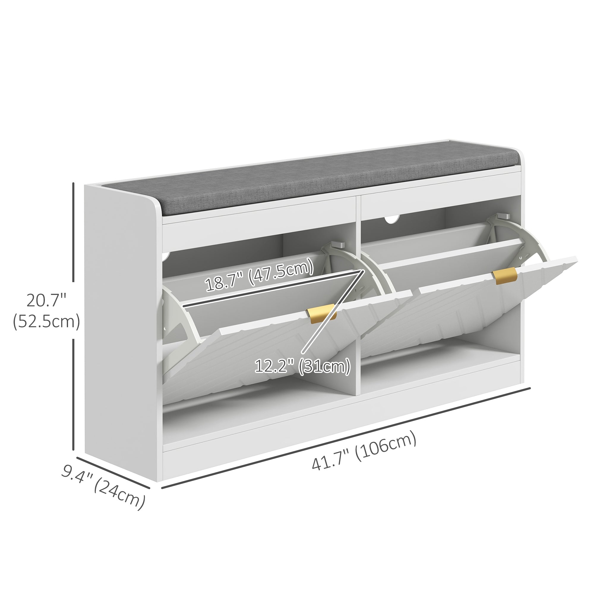HOMCOM Shoe Bench, Entryway Bench with 2 Flip Drawers, Seating Cushion and 4 Vents for 8 Pairs of Shoes for Hallway, White