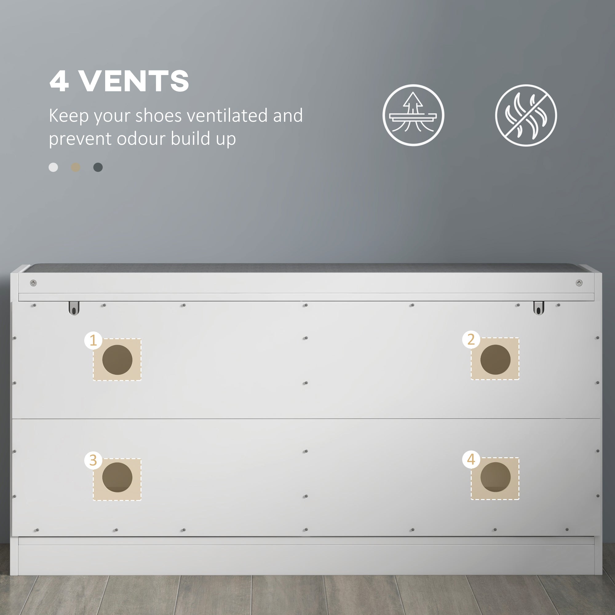 Narrow Entryway Storage Bench with 2 Flip Drawers, 2 Vents for 8 Pairs, White - HOMCOM