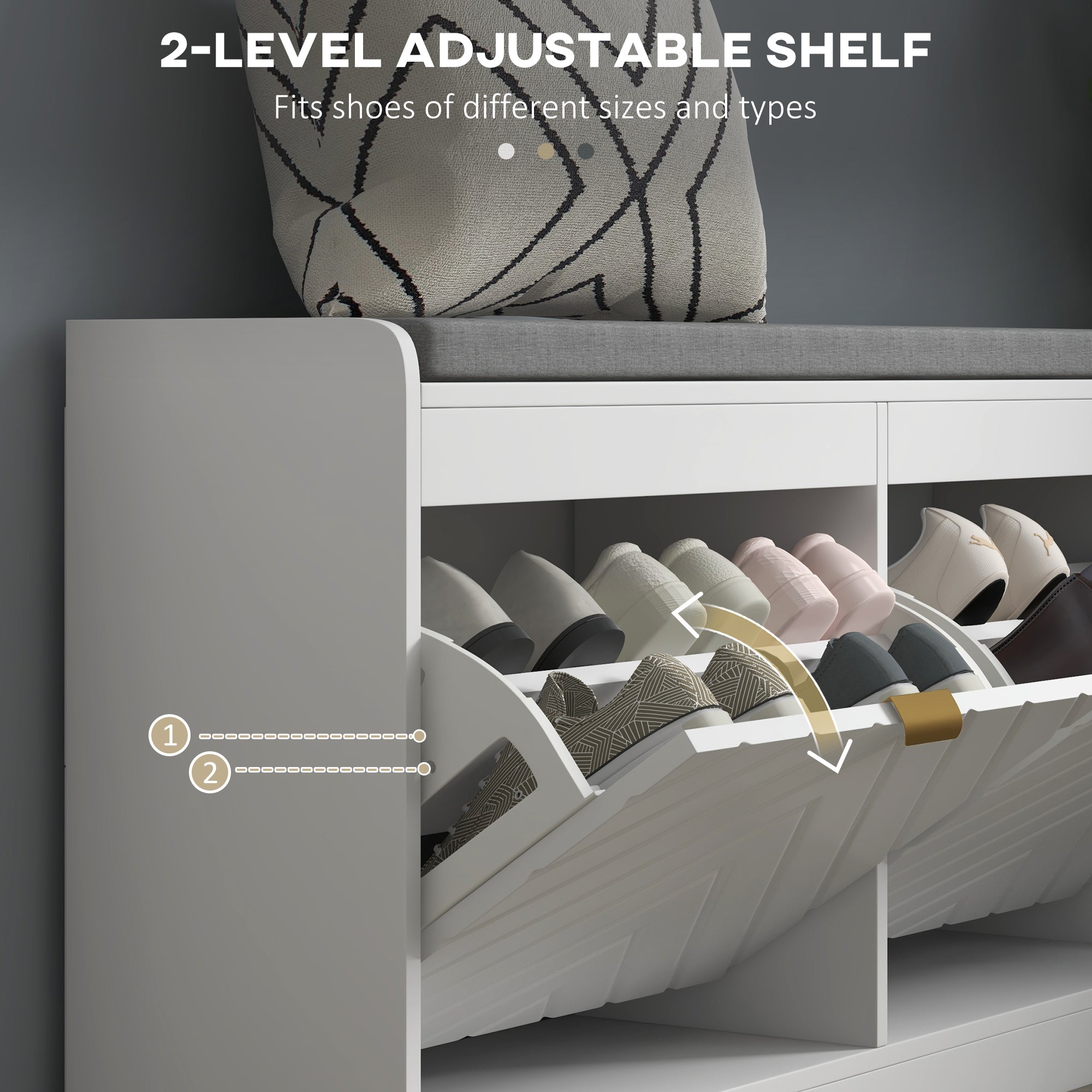 Narrow Entryway Storage Bench with 2 Flip Drawers, 2 Vents for 8 Pairs, White - HOMCOM